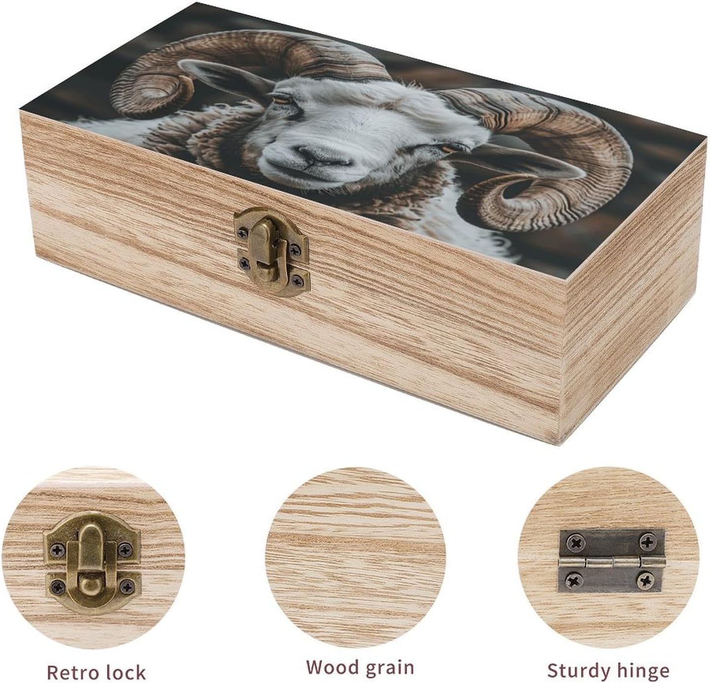 Longhorn Ram Pictures Wooden Box Wood Wedding Keepsake Boxes with Lids Small Decorative Boxes Lightweight Wooden Memory Storage Box for Crafts Keepsakes Jewelry Photo Letter Storage image number 5