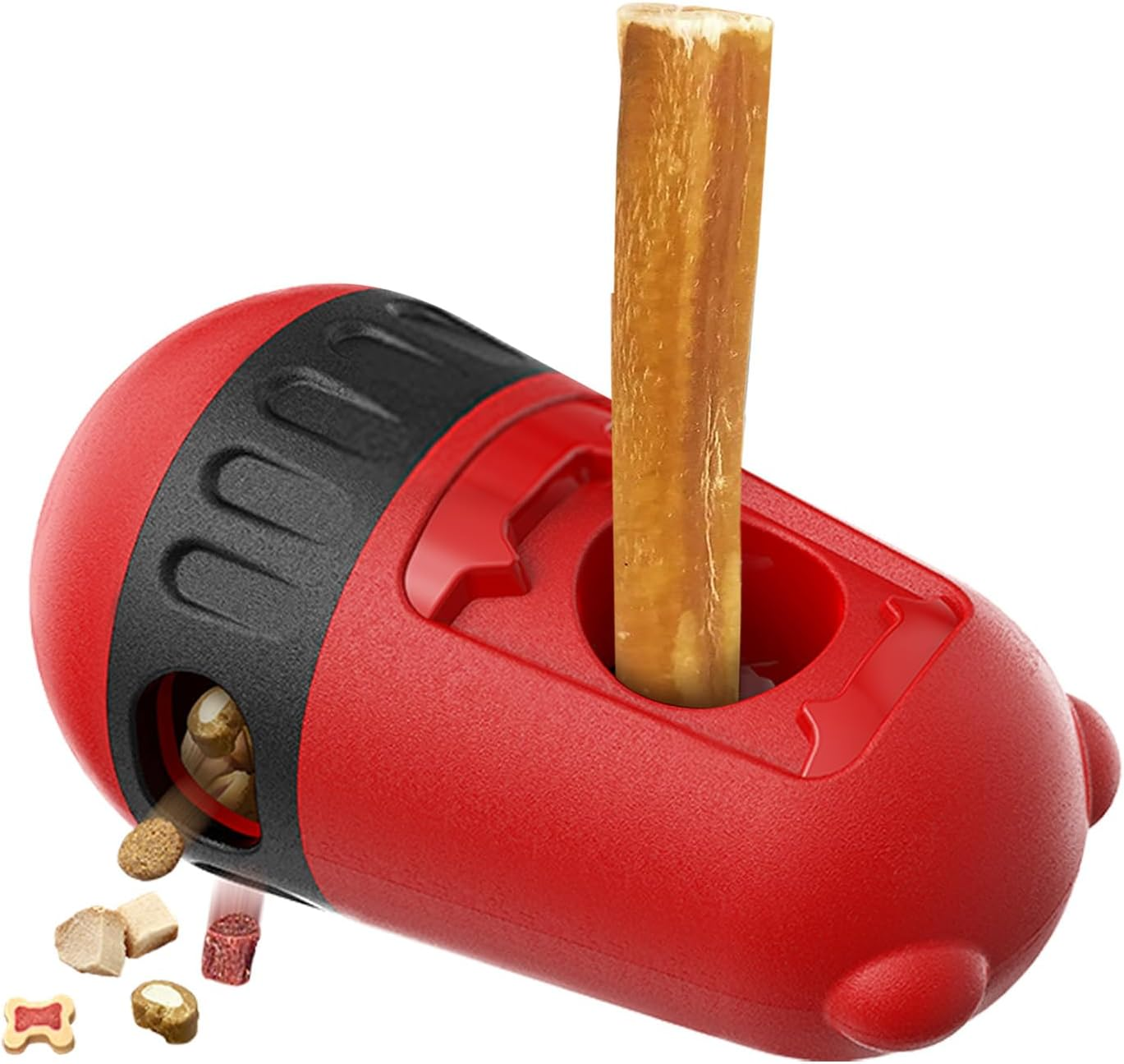 2 in 1 Interactive Treat Dispensing Dog Toys, Bully Stick Holder, Adjustable Dog Treat Holder for Medium & Large Dogs, Safety Device to Prevent Choking, Red
