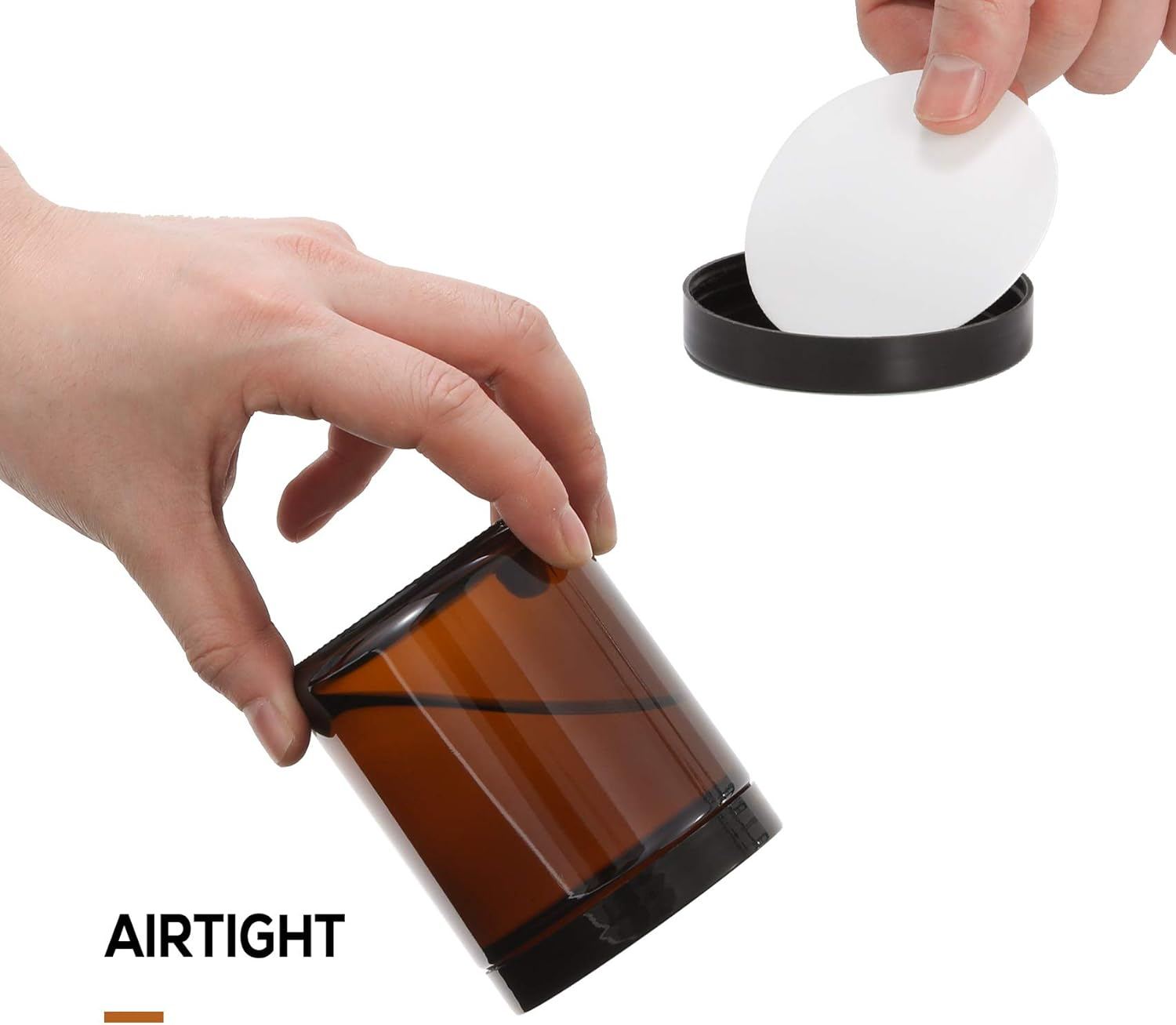 12 Pack, 8 OZ Amber round Glass Jars with 12 Metal Lids & 12 Plastic Lids - Empty Candle Jar, Food Storage Containers, Canning Jar for Spice, Powder, Liquid, Sample - Leakproof & Dishwasher Safe