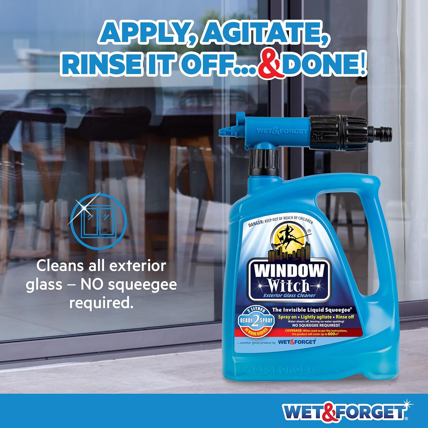 Wet & Forget Window Witch 2L Exterior Glass Cleaner &ndash; Hose Attachment Spray for Outdoor Windows, Conservatories & Glass Doors &ndash; Streak-Free Finish, No Squeegee Needed, Window Cleaning Solution