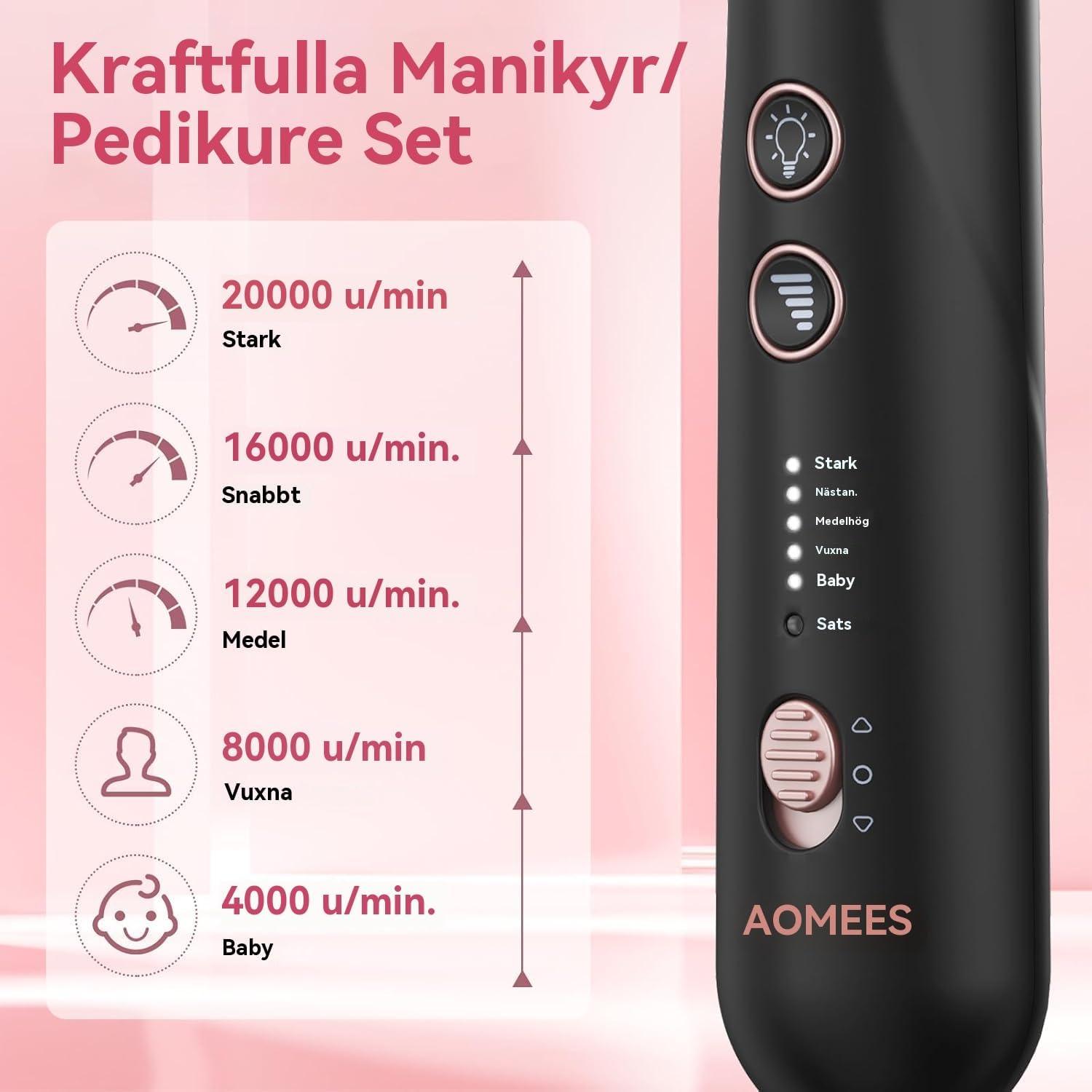 AOMEES Electric Manicure, Electric Nail Cutter Set, Manicure Pedicure Set Foot Care Electric with 9 Attachments for Nail Care, with 5 Speeds, LED Light, Storage Bag (Black) image number 5