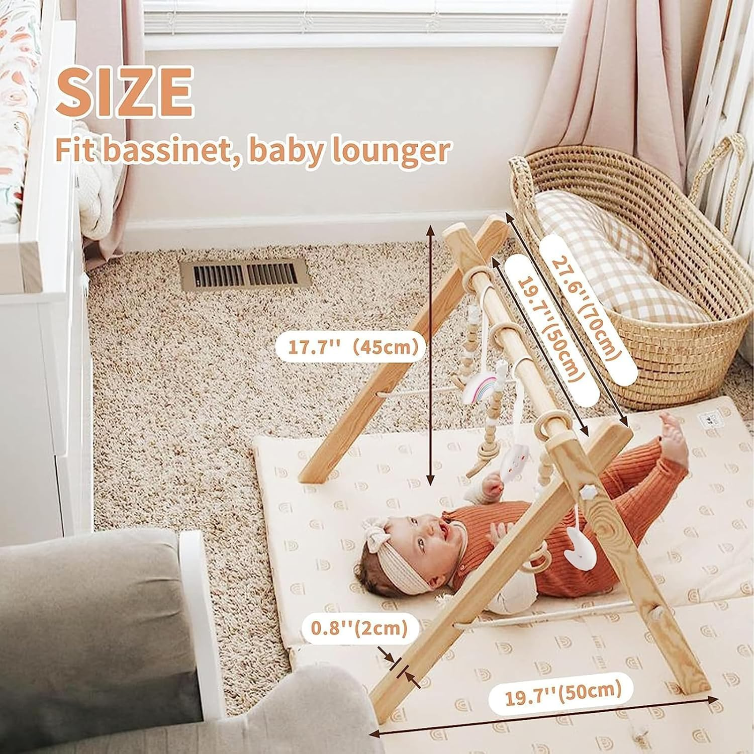 Wooden Baby Play Gym, Foldable Baby Gym with 6 Toys, Baby Toy Frame Activity Gym Hanging Bar Natural Wood Play Gym Newborn Baby Exercise image number 1