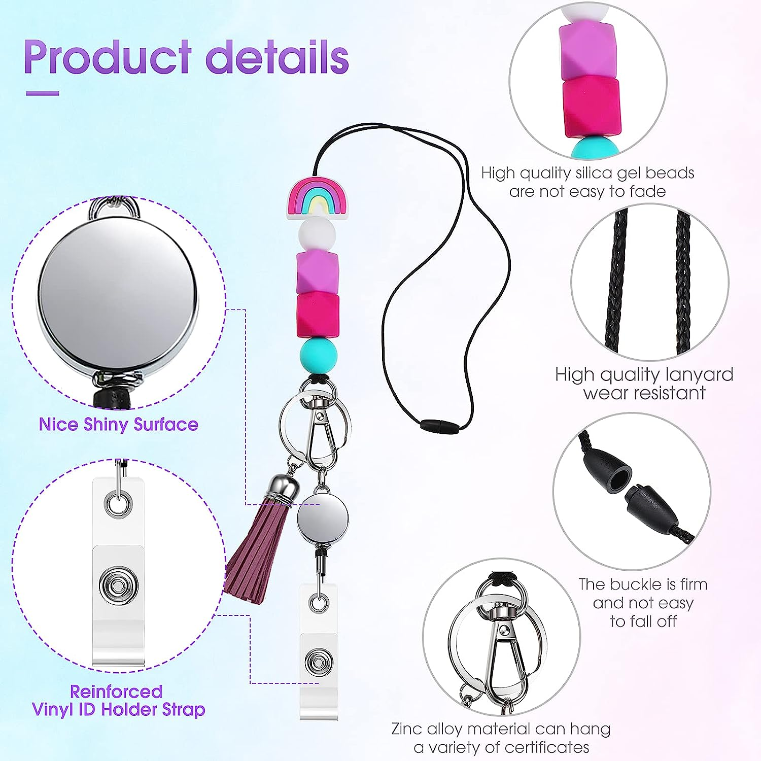 3 Sets Silicone Beaded Lanyards for ID Badges and Keys, Boho Neck Lanyard Necklaces with Retractable Badge Reel Holders, Tassel Keychain Strap Lanyard for Women Girls Teacher Students Nurses image number 3