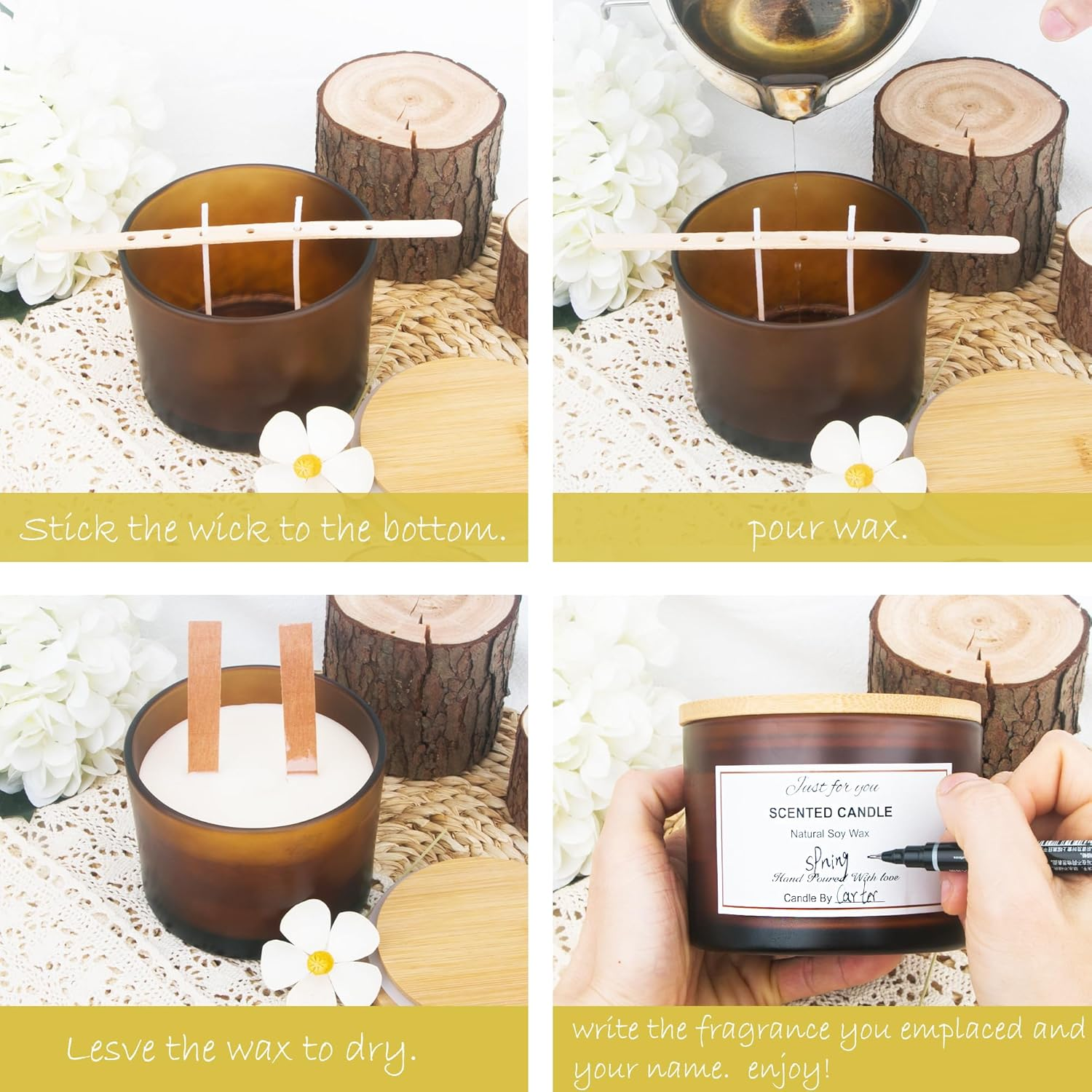 MILIVIXAY 6 X 16Oz Candle Jars with Bamboo Lids and Candle Making Kits - 3-Wick Candle Jar, Empty Frosted Amber Thick Jars for Making Large Candles - Spice image number 4