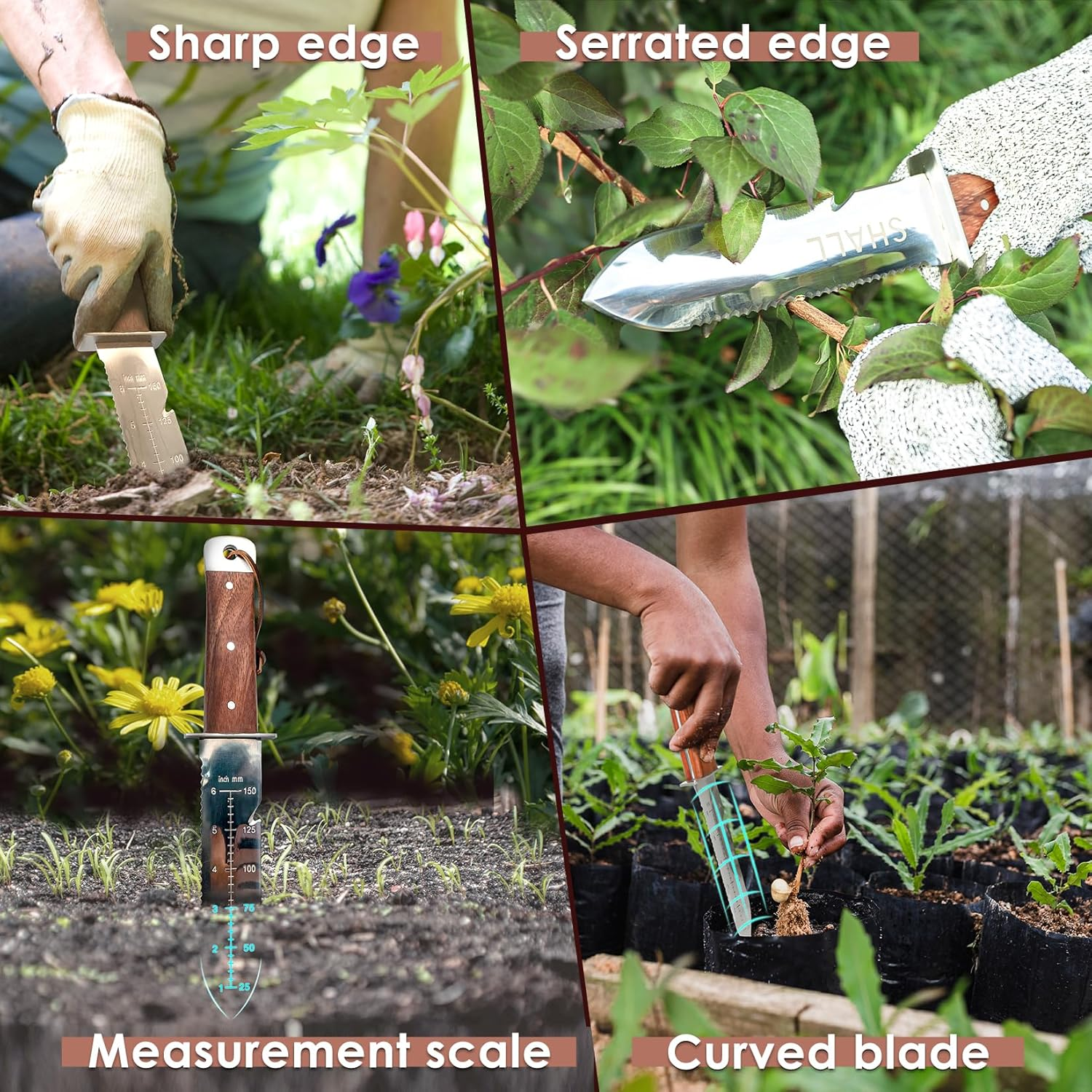 SHALL Hori Hori Garden Knife, Gardening Knife with Leather Sheath, Rosewood Handle & Hide Rope, 7&rdquo; Stainless Steel Blade, Rope Cutting Edge, for Digging, Weeding, Planting, Full-Tang image number 4