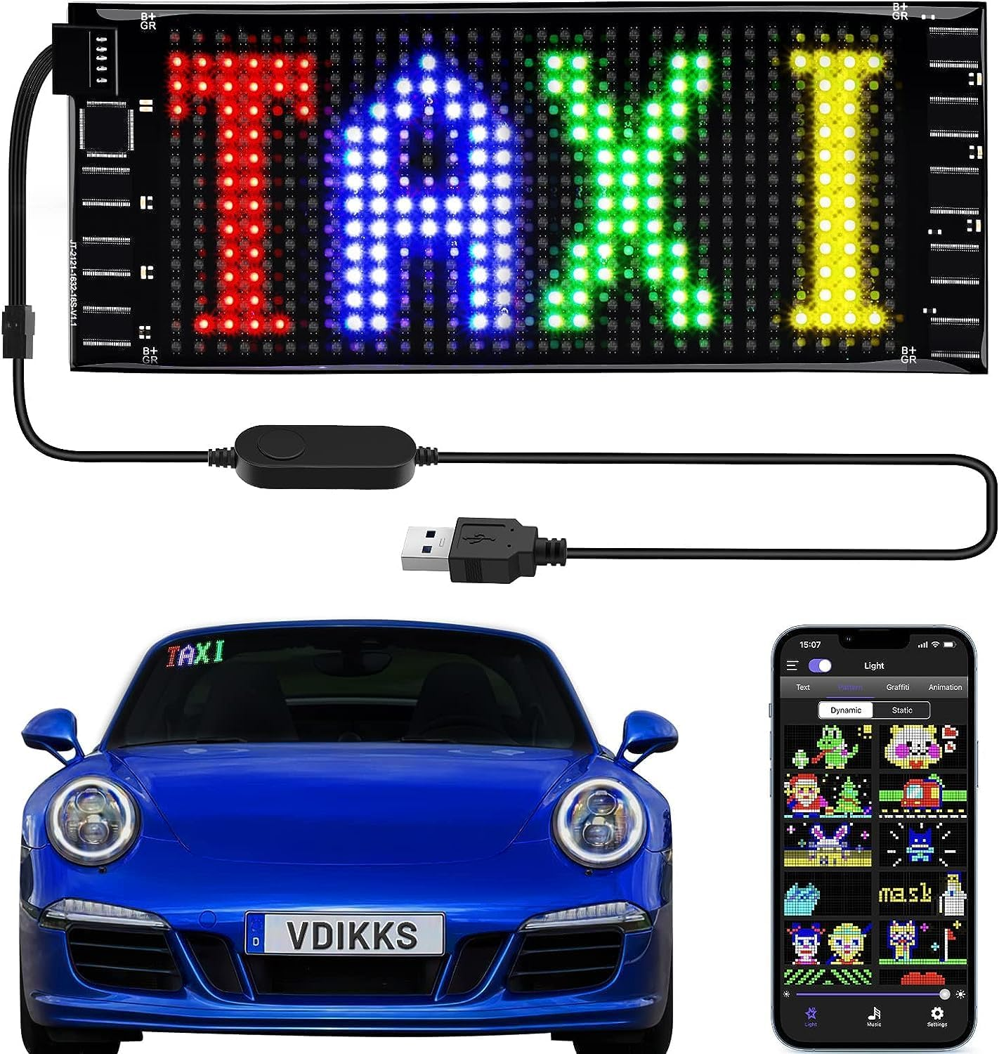 VDIKKS LED Car Sign, Programmable LED Matrix Panel FPCB Flexible Screen Display Animation Message Scrolling Sign APP Control for Cars, Shop, Bar, Party Festival 14.6"X3.6"