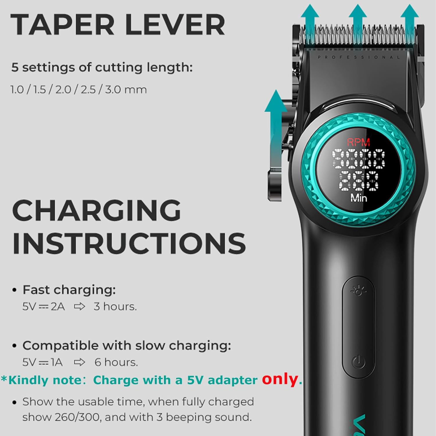 VGR 001 Professional Hair Clippers for Men, Cordless Barber Clippers for Hair Cutting, Carbon Steel Blade Hair Trimmers for Barbers, 9000RPM, LED Display, Black image number 3