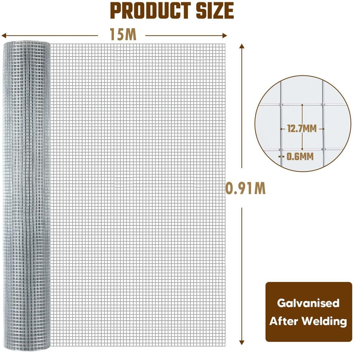 AUSWAY 15M Galvanised Welded Wire Mesh Fence Roll Garden Fencing Barrier Enclosure Netting for Chicken Coop Aviary Poultry Hardware Cloth Rabbit Cage Guard Tree image number 5