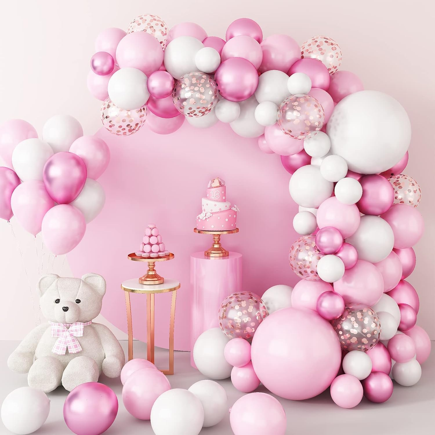 Pink White Balloon Arch Kit, 117Pcs Balloon Garland Kit Pink Confetti Metallic Balloons for Birthday Baby Shower Wedding Bridal Engagement Anniversary Graduation Valentines Party Decorations image number 2