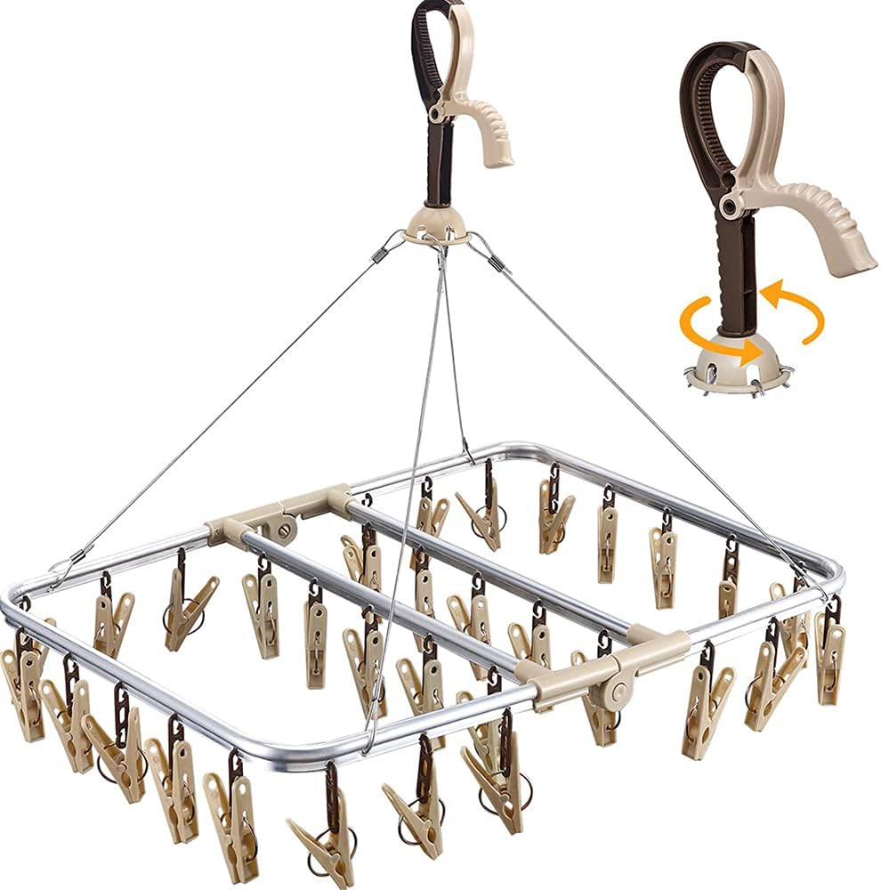 Sock Hanger for Washing Line Windproof Aluminum Sock Dryer with 32 Clothes Pegs Airer Clothes Dryer for Underwear Hats Socks and Small Laundry Items (Beige) image number 2