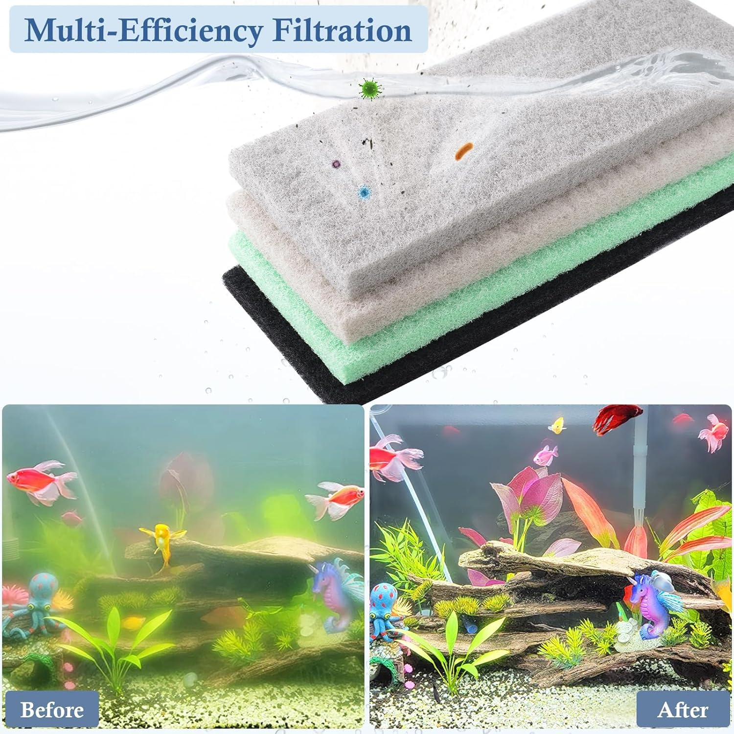 Dirvin 4-Pack Mixed Aquarium Sponge Filter Pad, Cut-To-Fit Aquarium Foam with Ammonia&Carbon&Phosphate Reducer, Aquarium Filter Foam Sponges for Fish Tank Filters (12.6" X 5" X 1'')