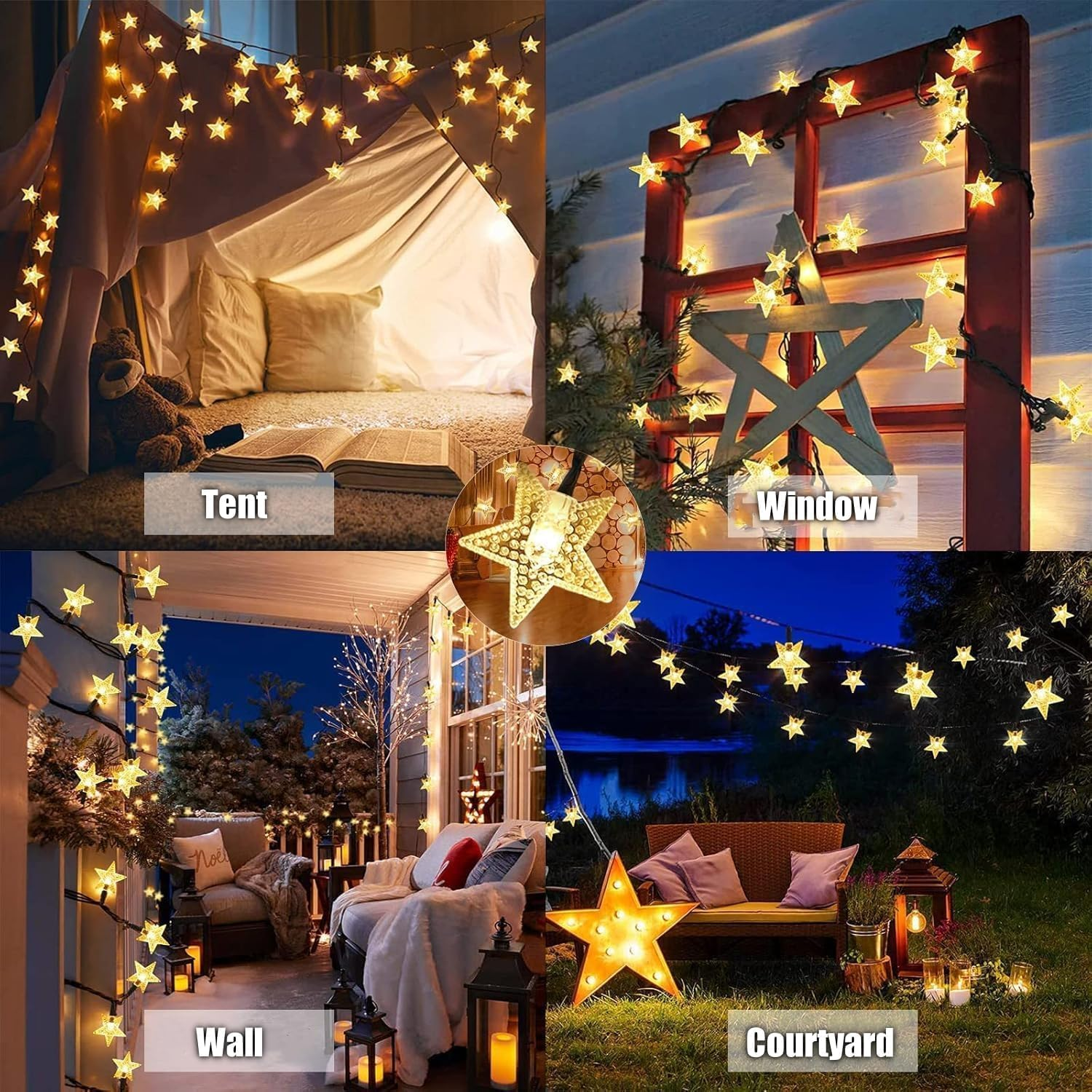 Solar String Lights Garden, 50 LED Star Fairy Lights Outdoor Solar Powered Led Star String Light Waterproof 8 Modes Decorative Light for Garden Patio Yard Home Wedding Party(Yellow - Yellow image number 5