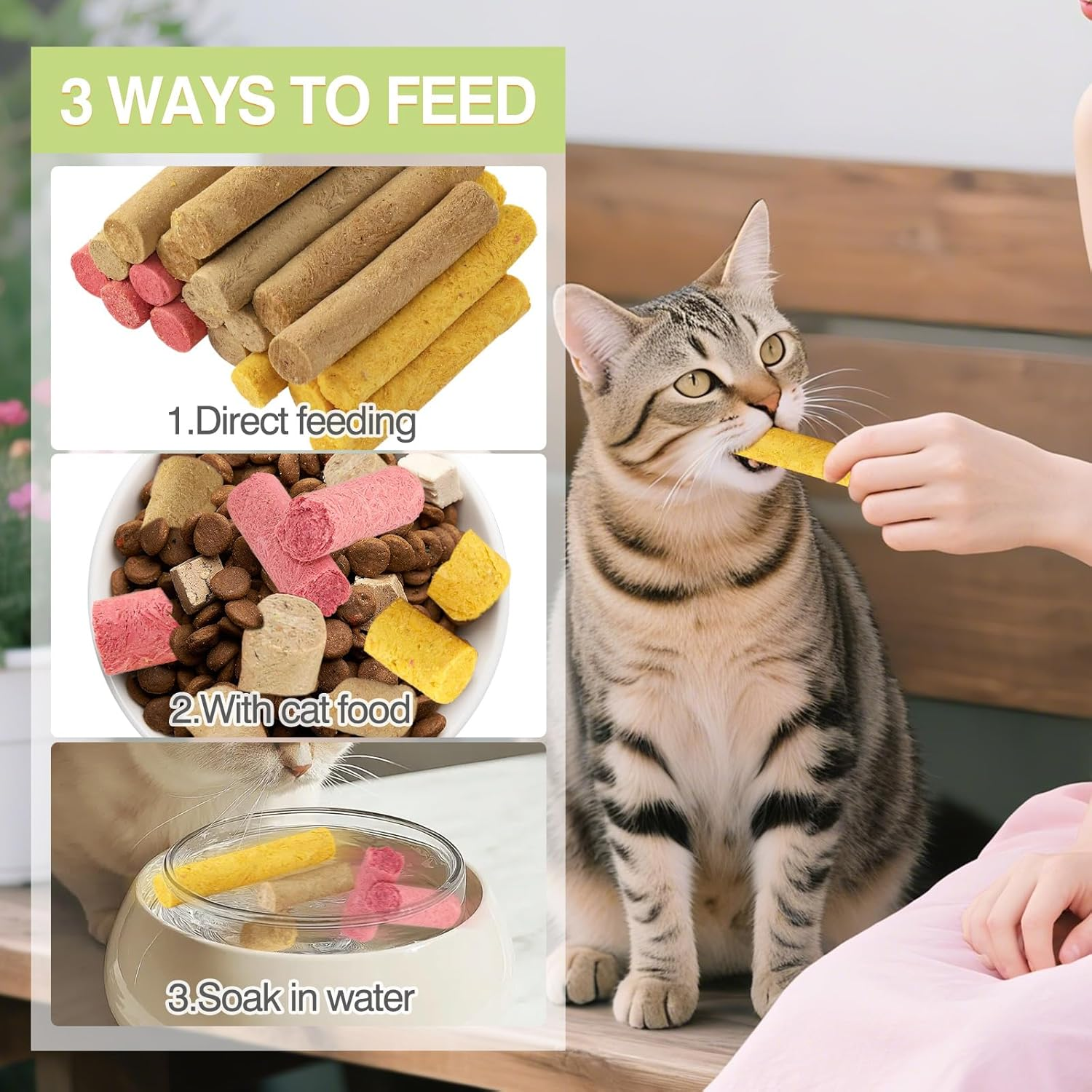 4 Flavors/110G Freeze-Dried Cat Treats,Natural Crunchy Cat Treats,Chew Sticks for Cats,Cats Dental Healthy and Hairball Control,(Beef,Cat Grass Salmon,Chicken Pumpkin,Chicken Dragon Fruit) image number 1