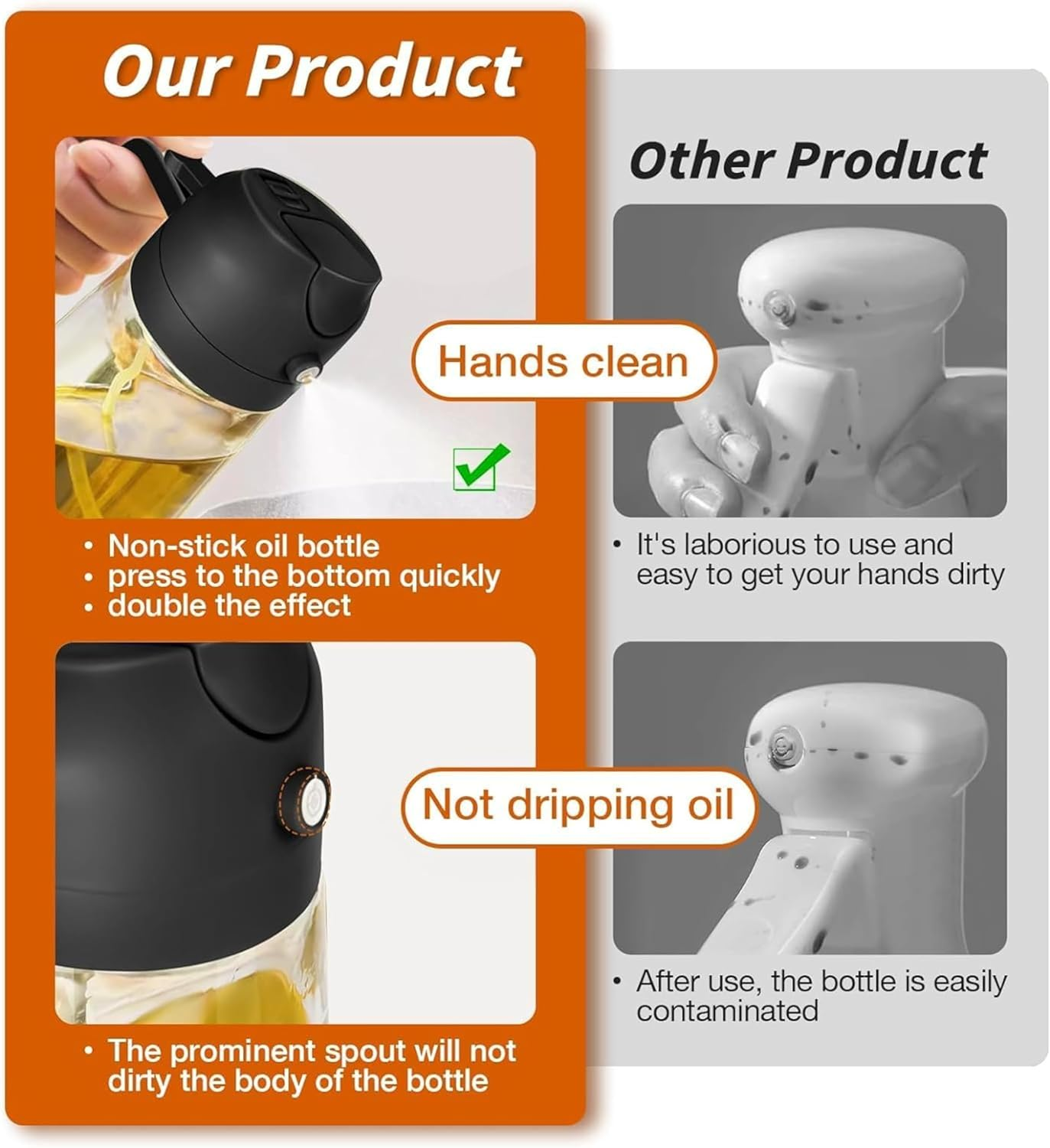 ZIGMART 5-In-1 Glass Oil Sprayer Dispenser Bottle & Durable Oil Sprayer Refillable for Kitchen - High-Quality Oil Sprayer for Air Fryer, Salad Dressing, BBQ, Pourer & Oil Brush (Black)