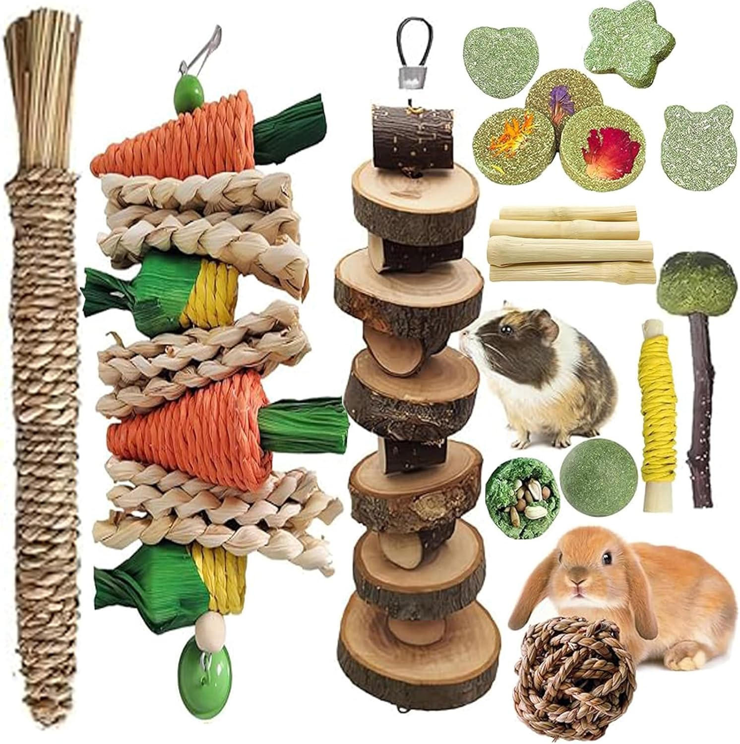 Rabbit Chew Toys, Natural Bunny Chew Toys, Hamster Chew Toys Set, Small Pets Teeth Care Molar Exercise Bunny Toys for Rabbits, Guinea Pig, Hamster and Other Small Animals image number 6