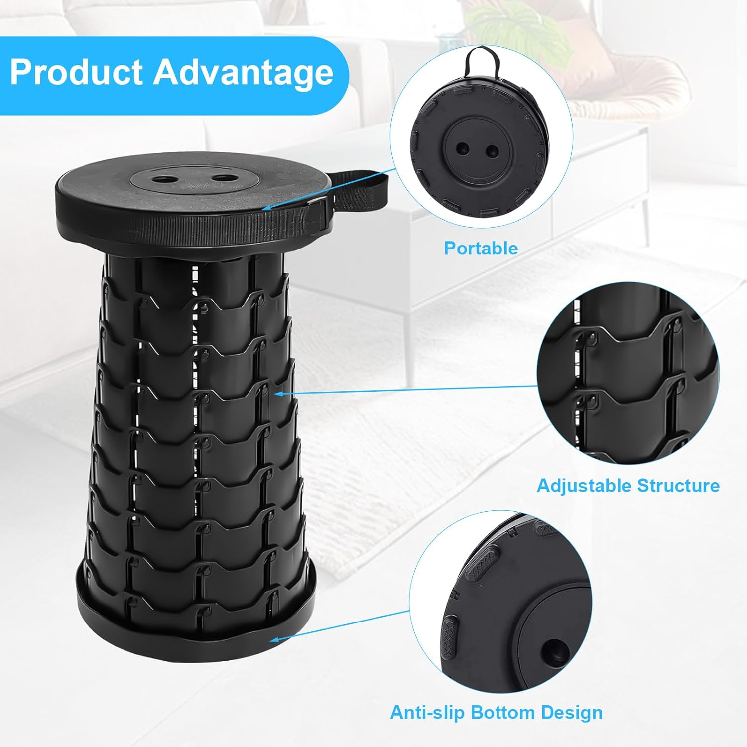 Foldable Stool for Adults - 550Lbs Capacity, Portable & Retractable Camping Seat, Compact Collapsible Stool for Outdoor, Travel, Events（Black） image number 1