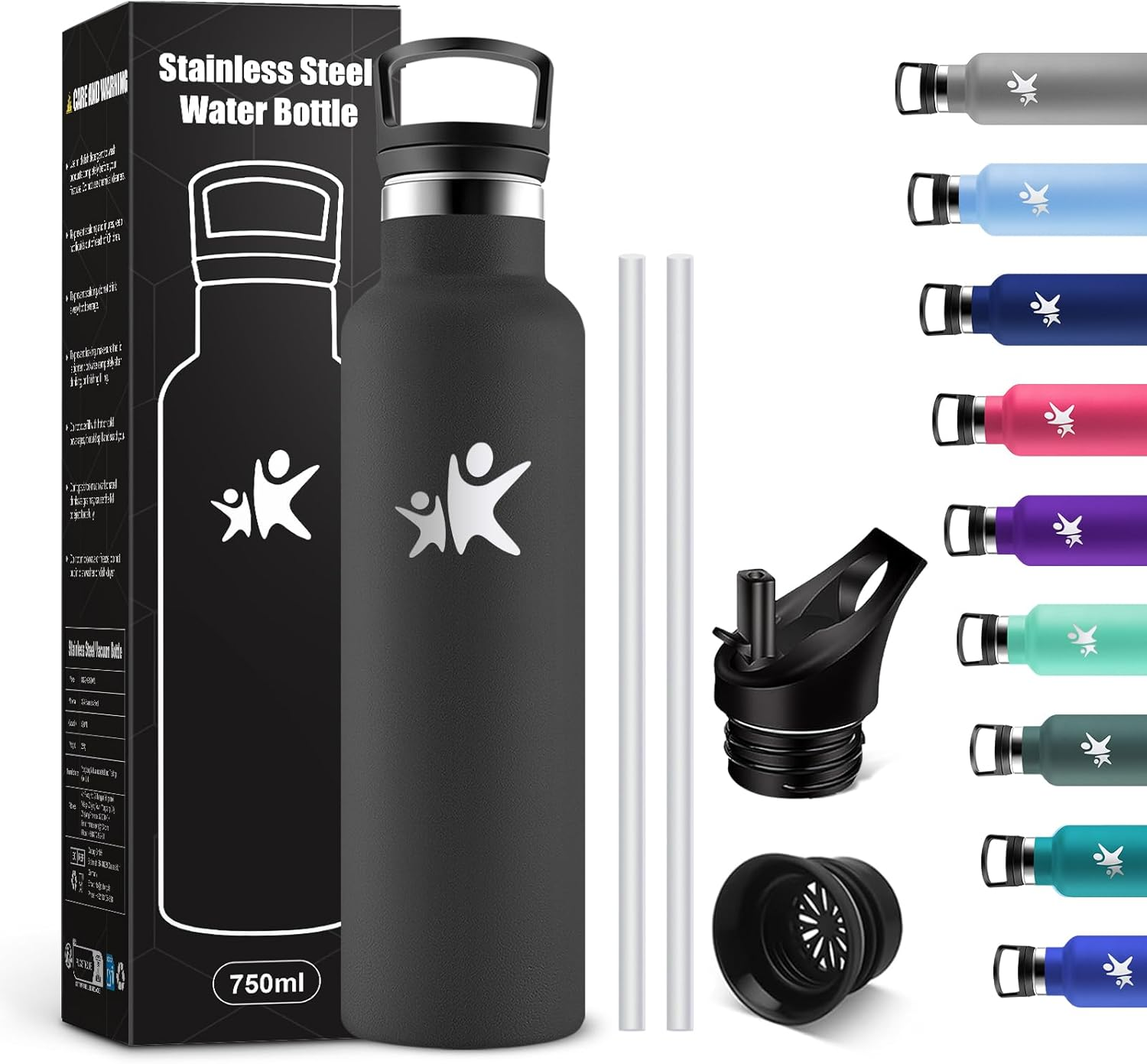 Kollykolla Stainless Steel Drinking Bottle, 1 Litre, Leak-Proof Water Bottle with Straw, Suitable for Carbonated Drinks, Vacuum Thermos Flask, Bpa-Free, Water Bottle for Adults, Sports, Fitness, Gym