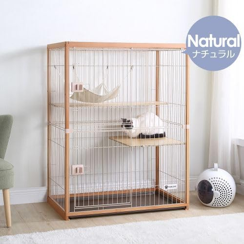 BTM Cat Cage, 2 Tiers, Wooden Frame, Spacious, Large, Stylish, Cat House, Answering Machine, Ladder, Protection, Escape Prevention, Easy Assembly, Multiple Heads, Pet Cage, Natural