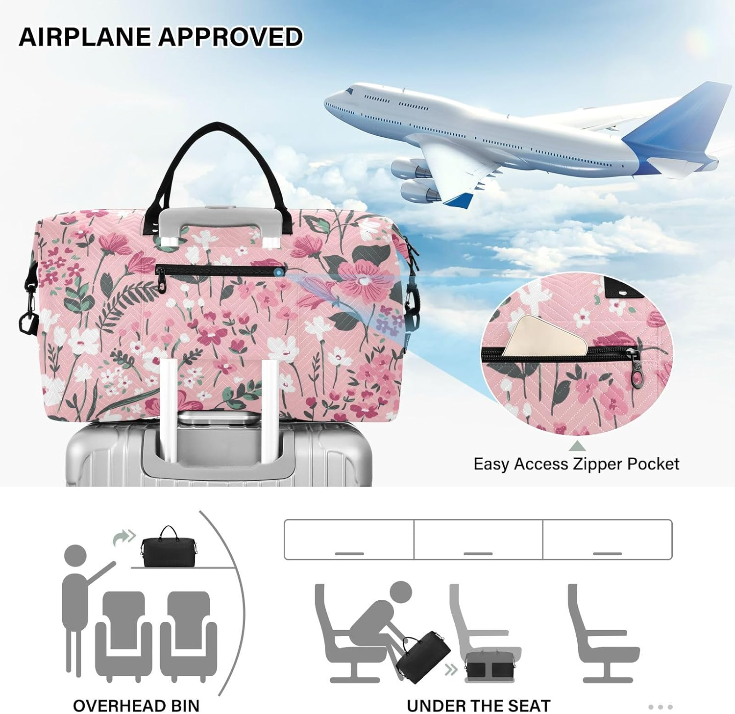 Luggage Travel Bag Overnight Bag Trendy Floral Mid Century Modern Tote Bag with Adjustable Strap for Gym Waterproof, Trendy Seamless Floral Mid Century Modern, Set of 2, Art Deco image number 6