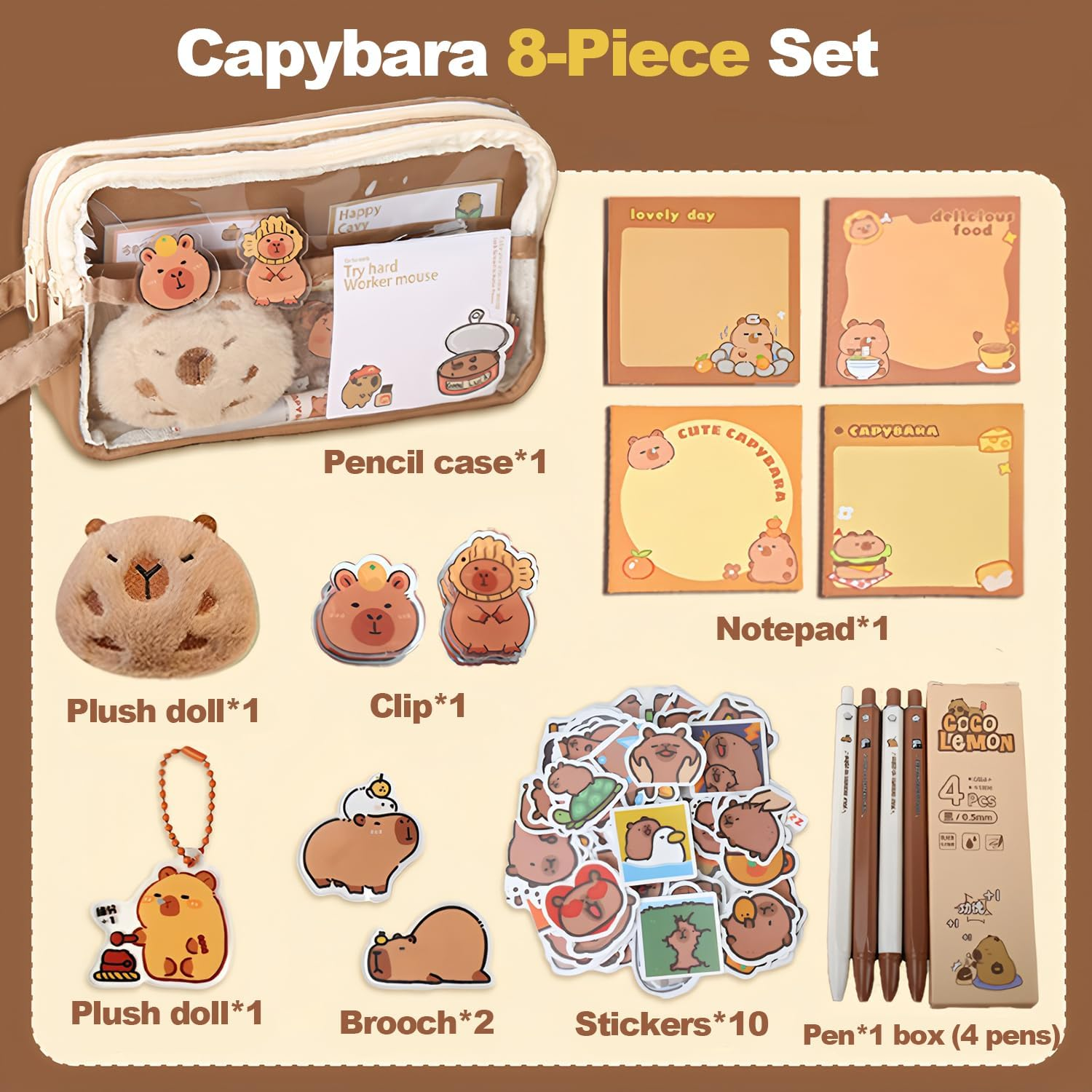 Pencil Case with Zipper,Cartoon Capybara 5 Layers Compartment Clear Pencil Case Pouch,With 4 Pens&4 Pcscartoon Accessories for Students College Office, Clear Makeup Cosmetics Bag for Adults image number 2