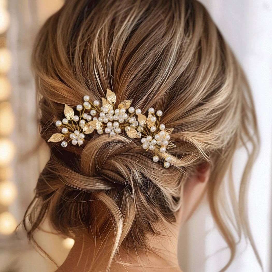 IONPSHG Pearl Wedding Hair Pins, U-Shaped Gold Leaf Bridal Hair Accessories for Women & Girls, Elegant Bride Hairpieces for Parties, Set of 3 image number 1