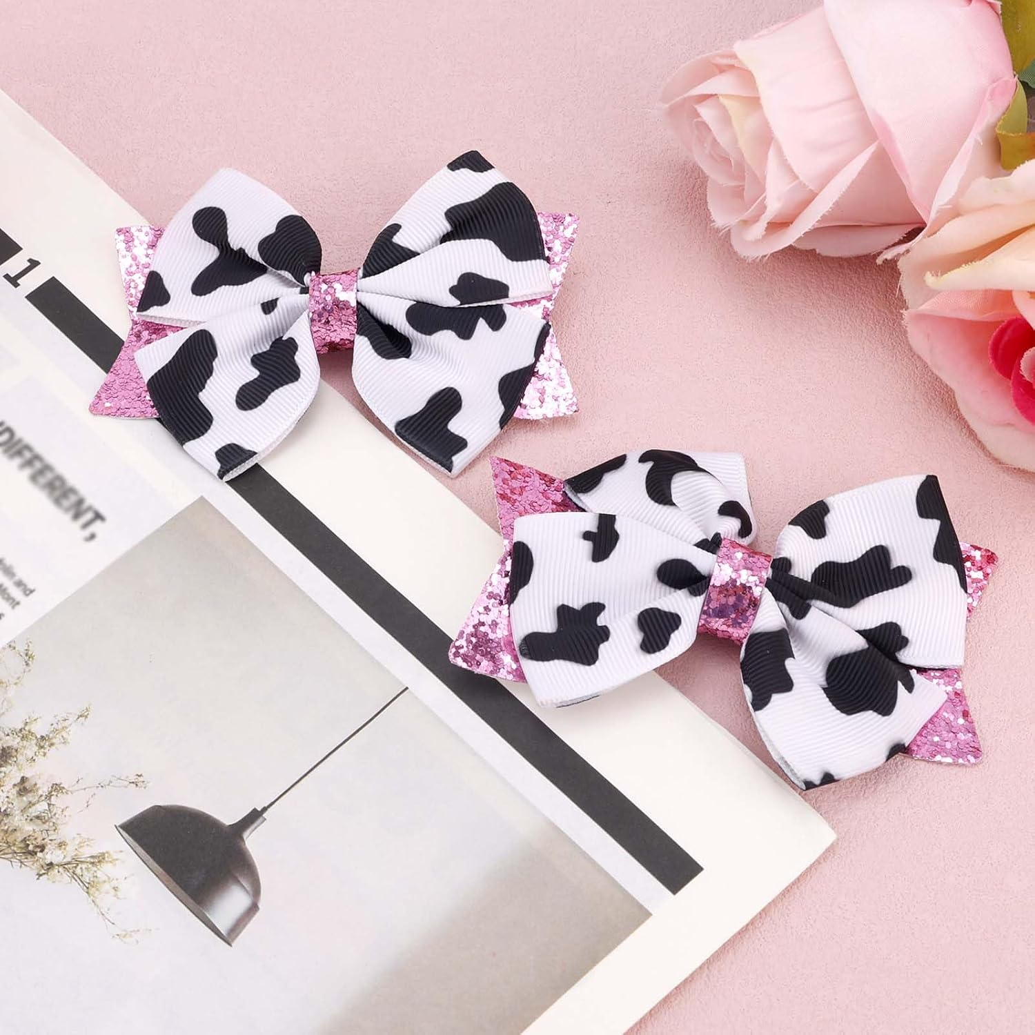 2Pcs Moo Cow Print Hair Bows, Cute Hair Bow Clips Pink Sequins Cow Print Clips Farm Animal Themed Accessories for Girls Women image number 3