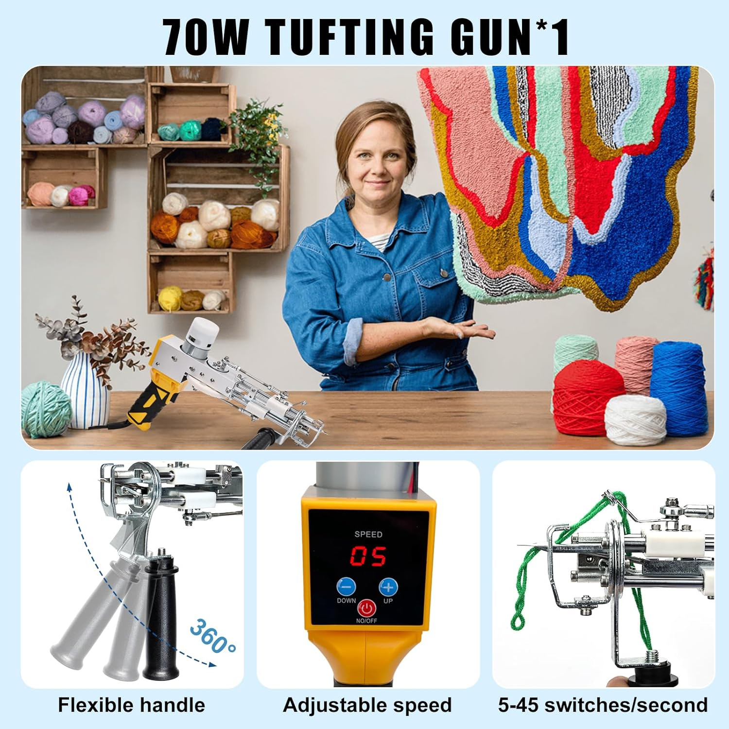 Zowwfast Rug Tufting Gun Kit with Carpet Trimmer Kit, Rug Gun with Digtial Speed Display,Tufting Machine with Tufting Cloth|Yarn |Kitroller|Brush|Scraper |Stamper Yellow image number 6