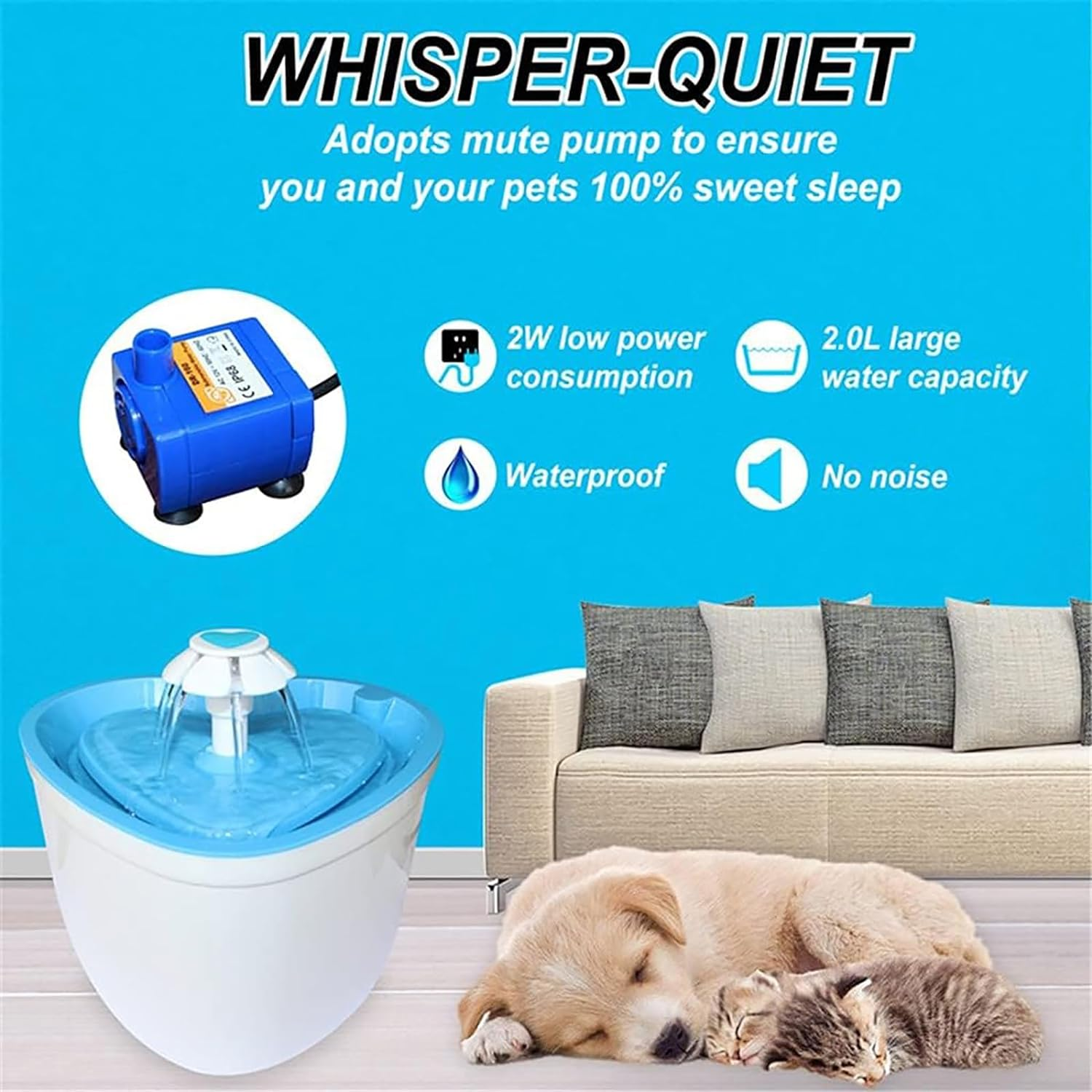Cat Water Fountain, Ultra Silent Cat Fountain 2.4 L, with LED Light, Activated Carbon Filter, Pet Water Fountain for Cats and Dogs(Blue) (Cwf-X-Blue) image number 1