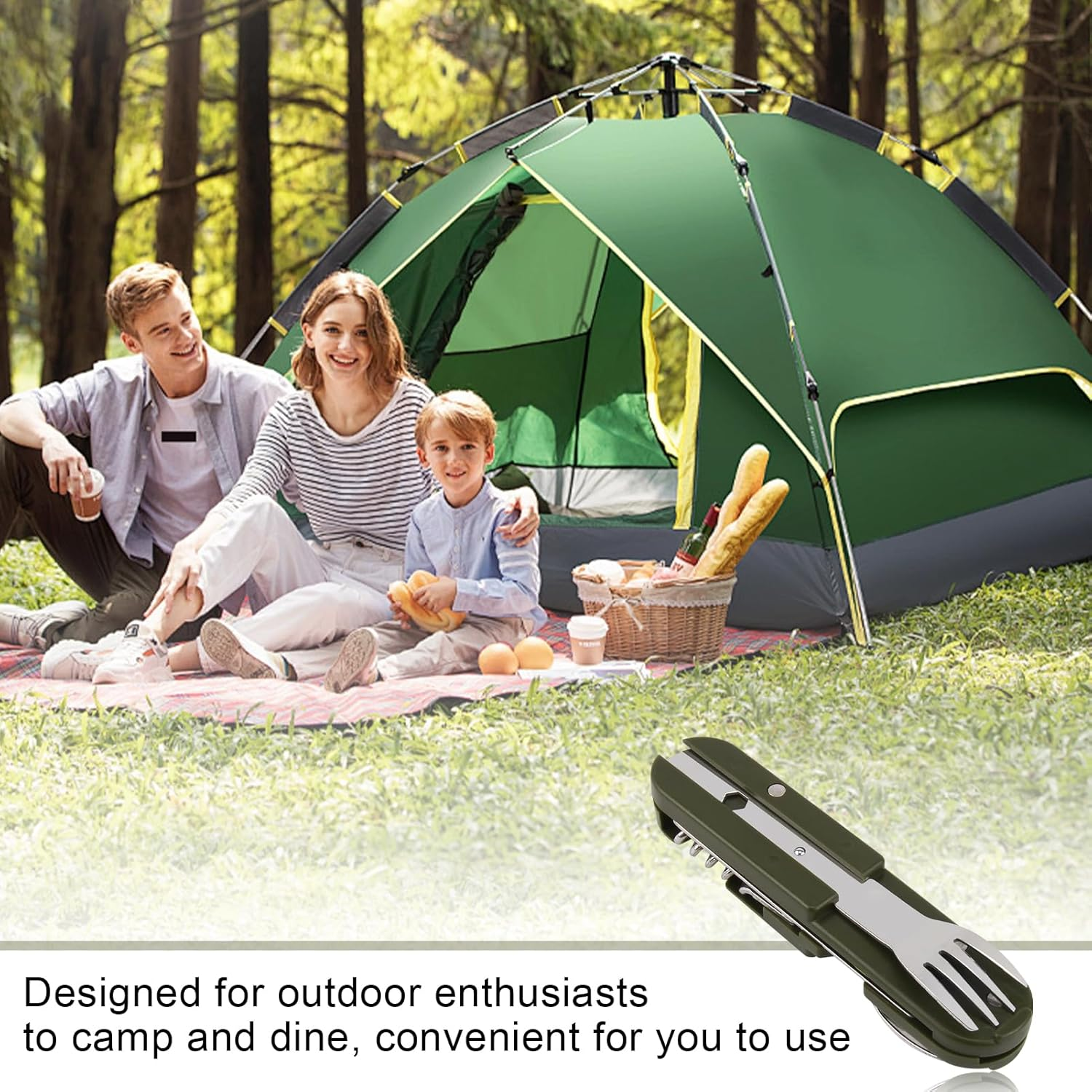 Stainless Steel Cutlery 5 in 1 Folding Cutlery Camping Cutlery Outdoor Cutlery Set with Removable Fork, Spoon, Knife, Bottle Opener, Can Opener and Carry Bag for Camping, Hiking, Picnic and Travel image number 6