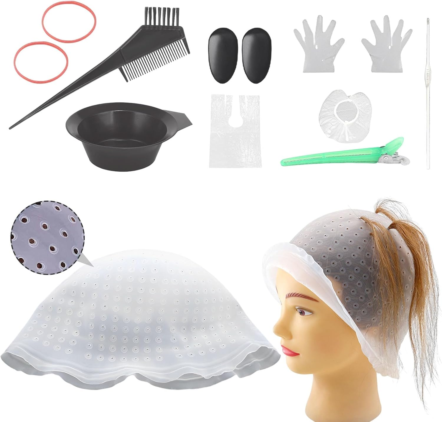 DBAILY Highlight Cap, 12 Pieces Hair Dye Set, Highlight Hood with Already Punched Holes, Reusable Strands Hood with Brush Comb, Hair Dye Bowl, Colouring Brush, Ear Cover, Hair Clips image number 1
