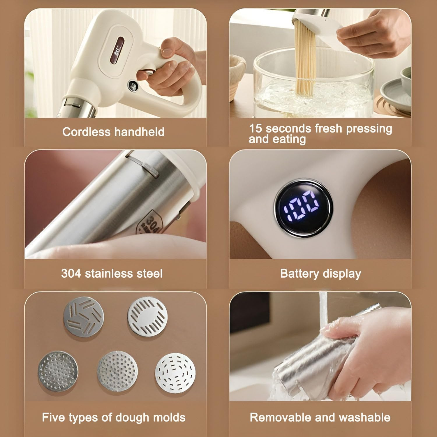 Electric Pasta Machine, 5 in 1 Home Handled Pasta Maker, Portable Handheld Automatic Noodle Maker Extrudes Pasta in 15S, Rechargeable Cordless Pasta Maker image number 4