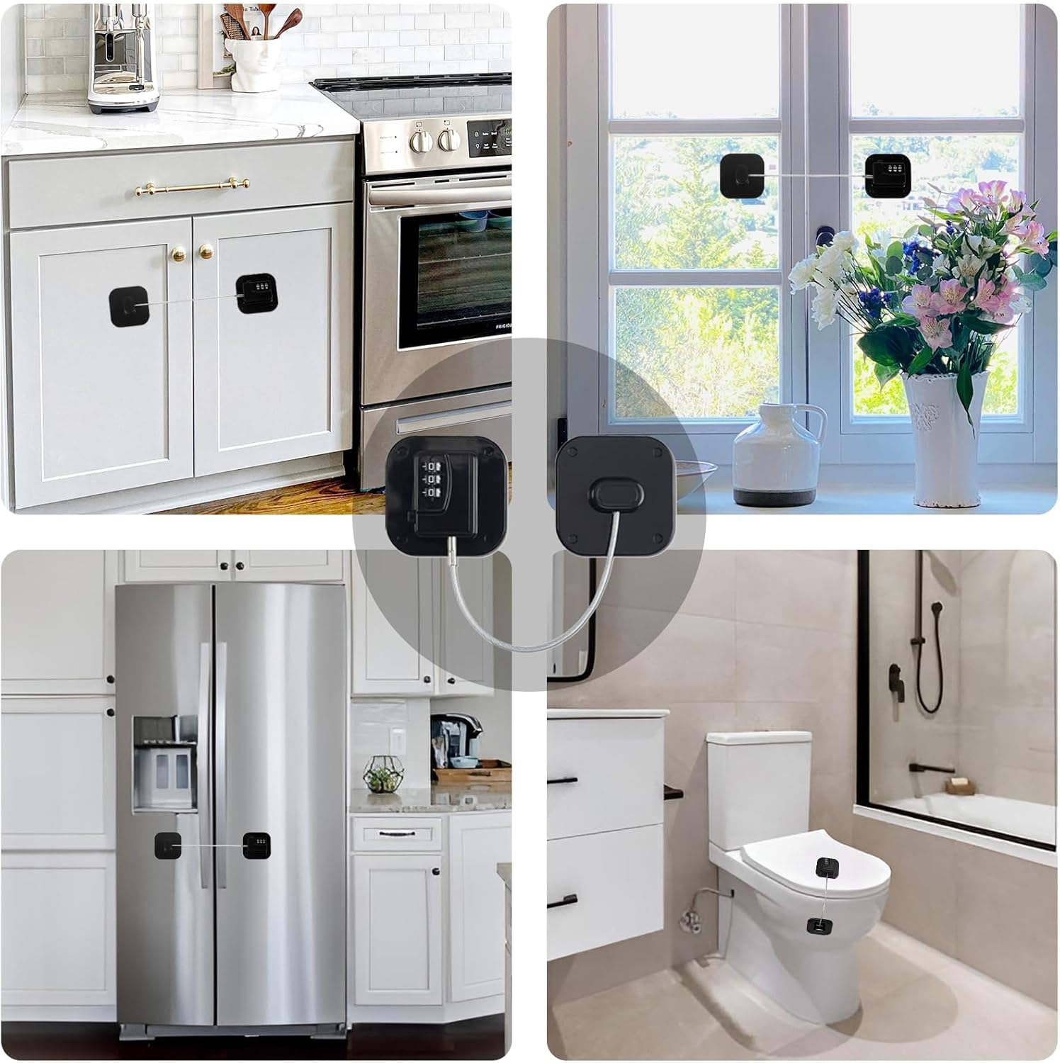 Resettable Code Fridge Lock for Kids,Adults, Heavy Duty Child Safety Locks for French Door Fridge, Cabinet, Pantry, Easy Install No Keys Needed (Black, 4 Pcs)