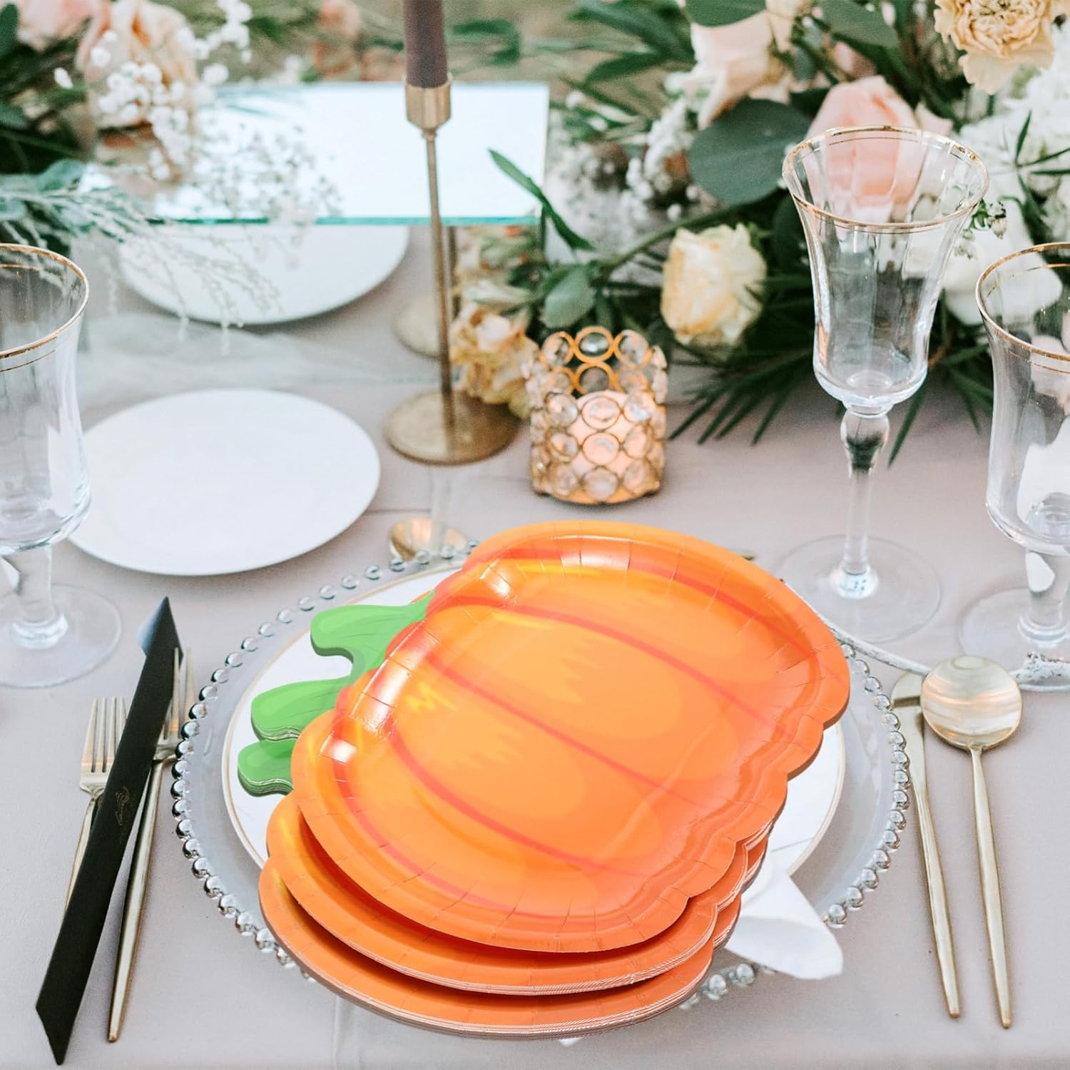 JECOMPRIS 20Pcs Pumpkin Paper Plates: 7 X 7 INCH Disposable Paper Plates for Desserts - Halloween Party Supplies for Thanksgiving Fall Party Decorations Supplies Favors Dining Kitchen image number 3