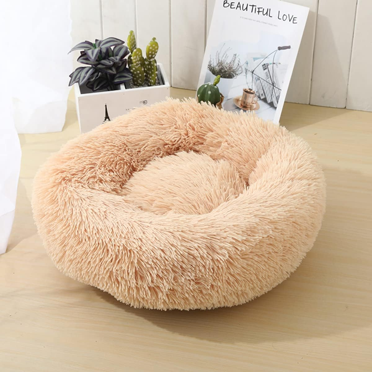 Dog Cat Bed, Donut Pet Bed for Small Dogs, Fluffy Cozy Self-Warming Improved Sleep Pet Cushion Beds, Anti-Slip Machine Washable Light Diameter16In image number 2