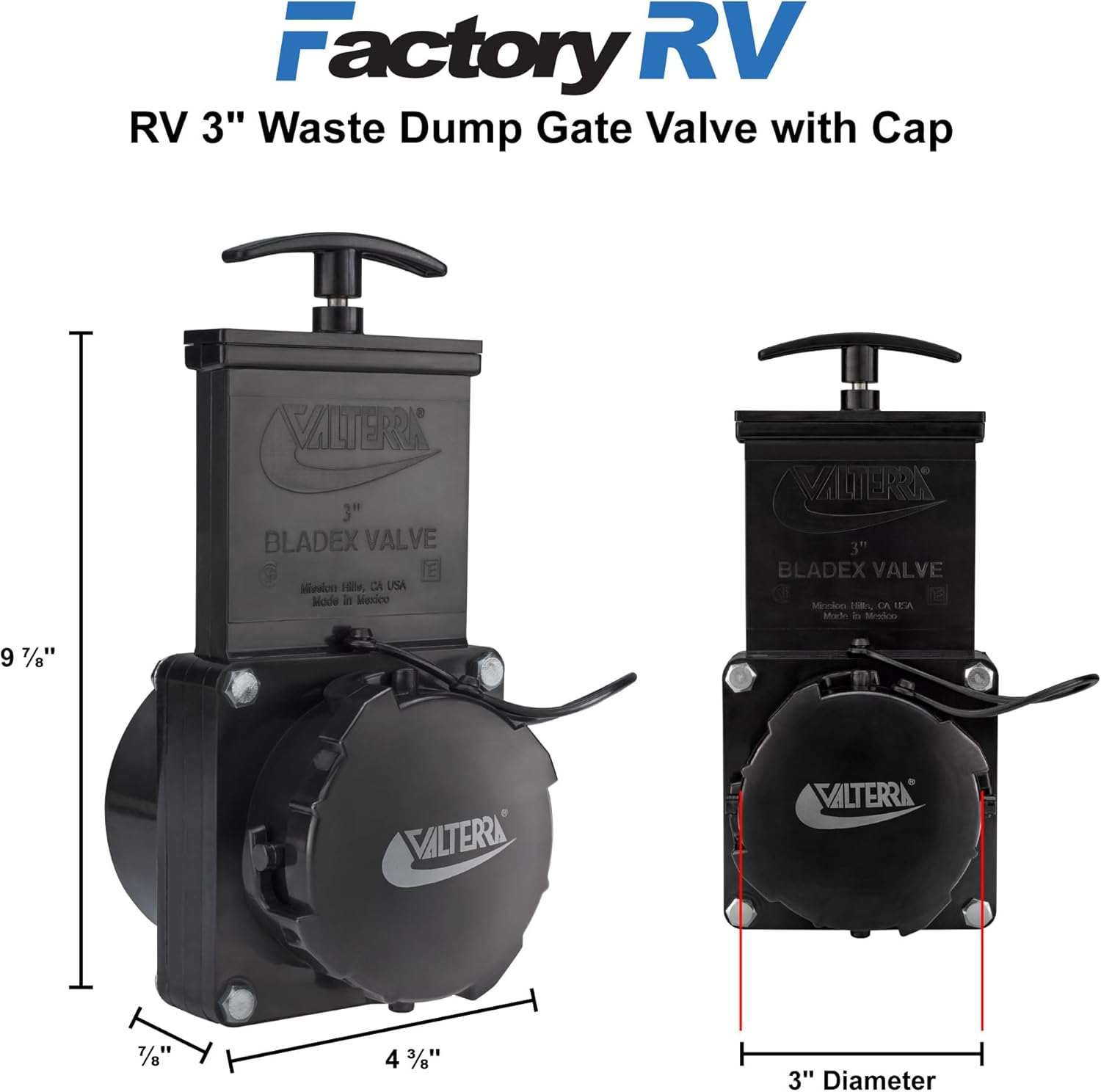 Valterra 3" RV Waste Dump Gate Valve W/Cap Black image number 1