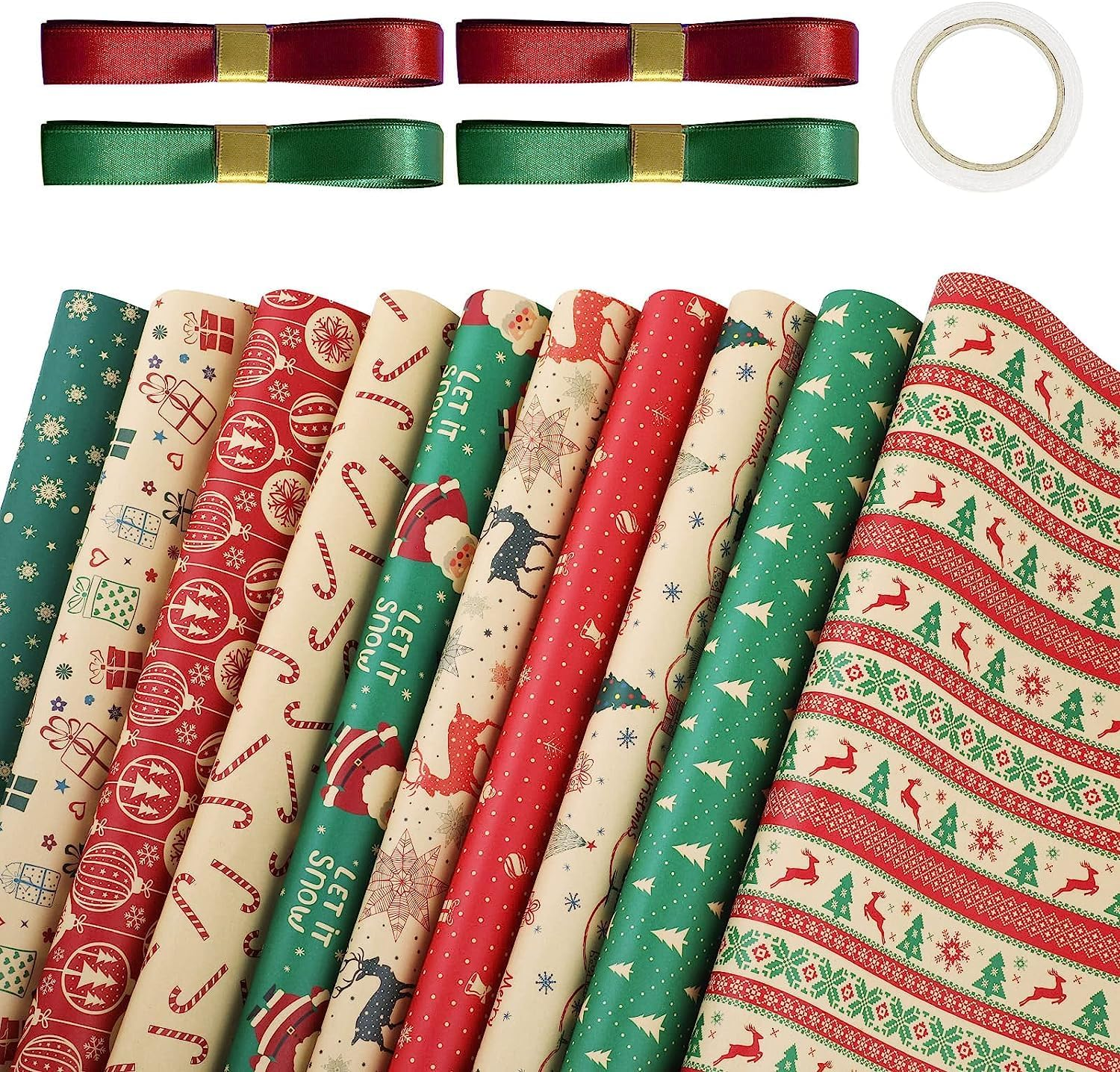 Eco-Friendly Renewable Wrapping Paper, 12Pcs+8M Tape+4Roll Ribbons - Cute Vintage Package for Christmas, Bridal & Baby Showers, Birthdays, Friendsmas image number 5