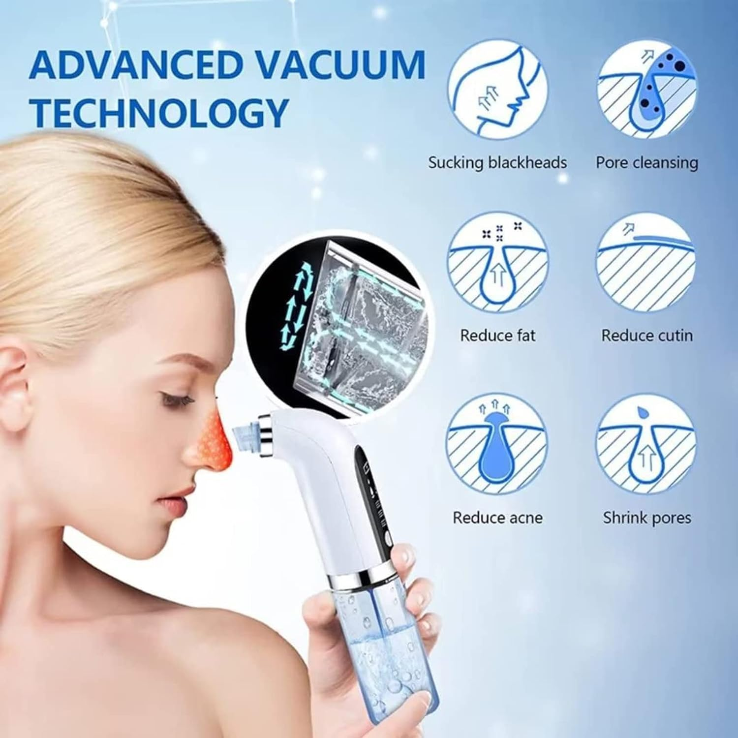 Pore Vacuum Blackhead Remover Water Circulation Pore Cleaner Pimple Extractor Tools with 6 Suction Heads,3 Gears Adjustable Beauty Device for Men and Women image number 4