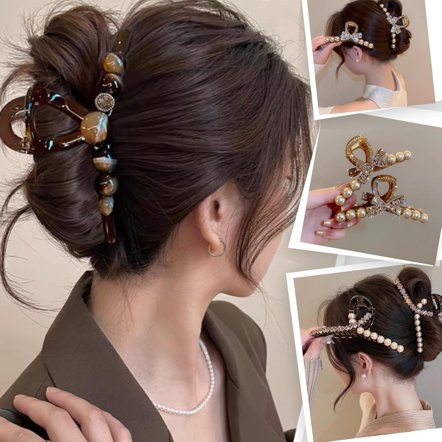 Ypkia Set of 3 Hair Clips Beads Large Hair Clips Women'S Crystal Claw Clips Set Hair Accessories for Women and Girls image number 1