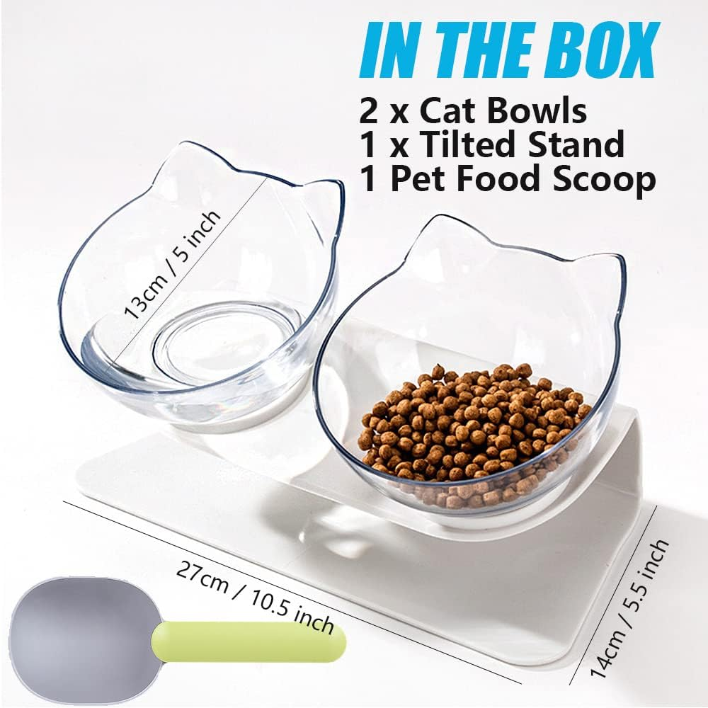Tilted Cat Bowl with Stand 15&deg; Raised Cat Bowl anti Vomiting for Kittens Elevated Double Cat Bowls Plastic Transparent image number 5
