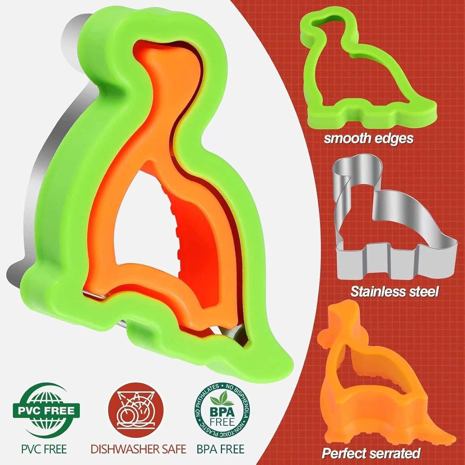 JMFCDA Sandwich Cutter and Sealer,Set of 4 Bread Sandwich Decruster Pancake Maker DIY Cookie Cutters for Bento Box,Round Heart Dinosaur Square Shapes Sandwich Decruster Press Mold image number 5