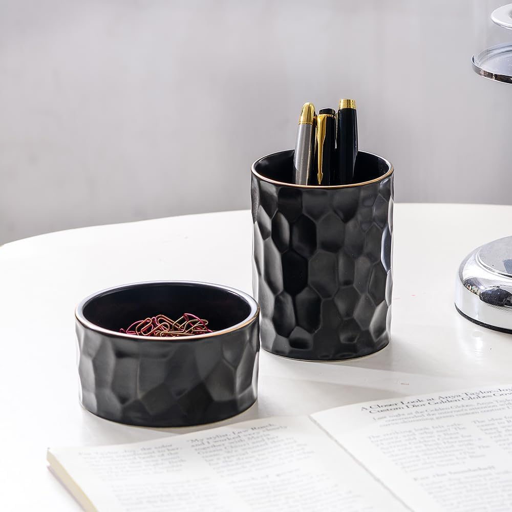 YOSCO Desk Organizer Set of 2 for Office, Ceramic Pen Holder and Paper Clip Holder, Cute Pencil Cup Pot for Desk, Paper Clip Dispenser for Desktop, Makeup Brush Holder, Ideal Gifts (Black Set) - Black Set image number 6