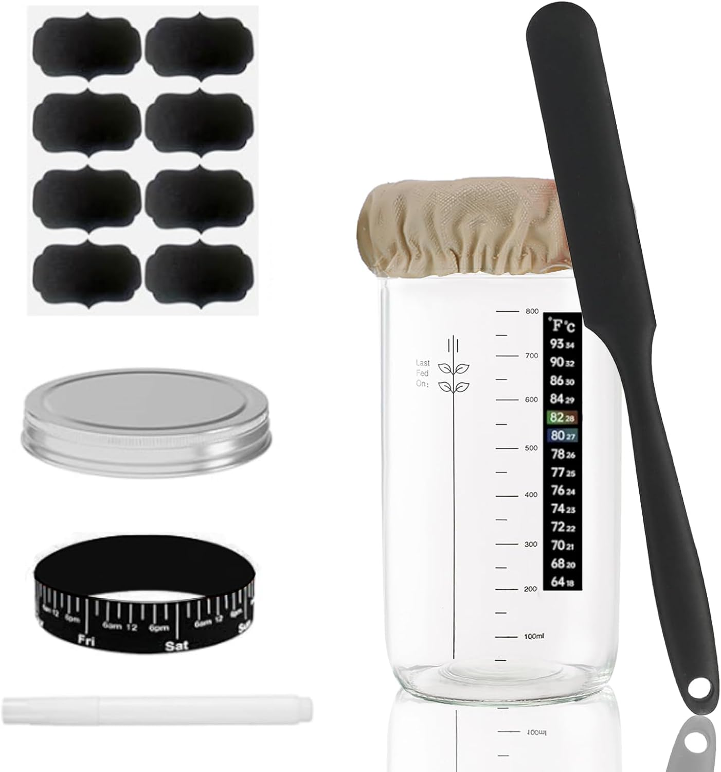 Togemvvs Sourdough Starter Jar, 1000Ml Wide Mouth Glass Sourdough Jar Kit with Measurement Markings, Rubber Scraper, Rubber Band, Cloth Cover, Label Pen, Suitable for Bread Making and Home Baking