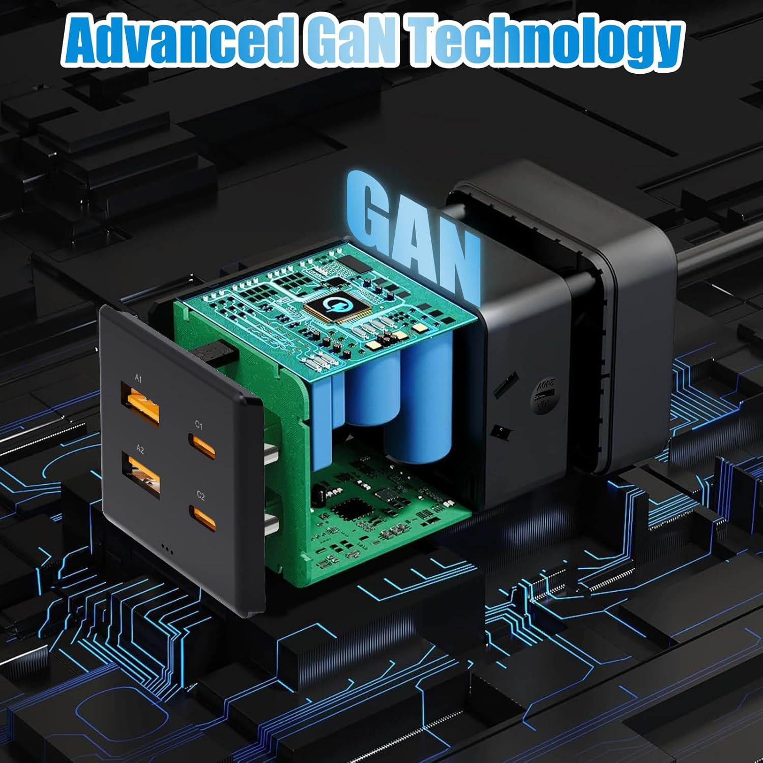 HITRENDS Gan 65W USB C Powerboard Fast Charging Station, 6 in 1 Travel Power Strip with 2 AC Outlets, 4 USB (2 USB C), Extension Cord 1.5M, Desktop Outlet Extender for Laptop, Macbook, Iphone, Work image number 4