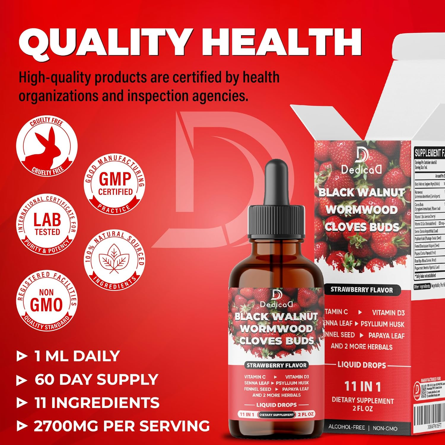 DEDICAD 11In1 Black Walnut Wormwood Cloves Liquid Drops with Vitamin C, Vitamin D3 and 6 More - 2 Oz Fl - 60 Days - Strawberry Flavor image number 2