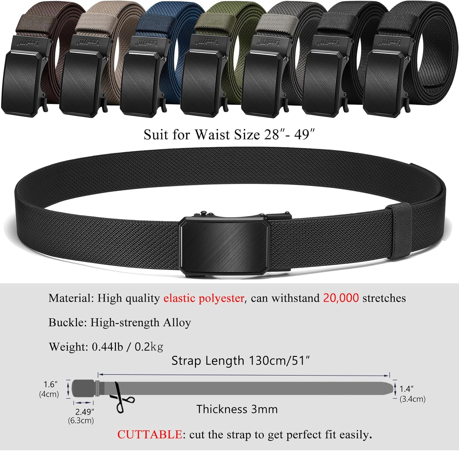 Lionvii Men'S Stretch Ratchet Belt, Elastic Slide Belt for Men with Automatic Buckle for Men Dress, Adjustable Trim to Fit 28-49" Waist - Black image number 5