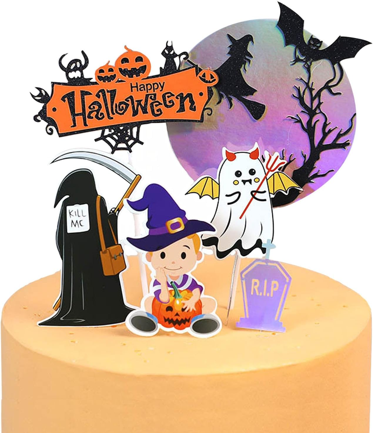 Halloween Birthday Cake Toppers Decorations, 6Pcs Moon Ghost Pumpkin Ghost Head Spider Tombstone Witch Cake Decorations Cake Decorations for Trick-Or-Treat Halloween Party Supplies Decor Witch
