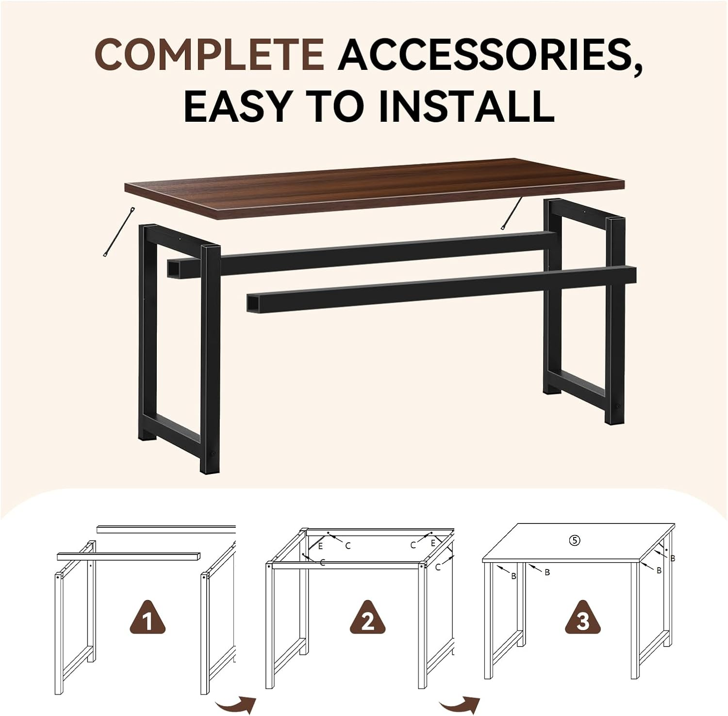 Office Desk Computer Table, Large Office Computer Desk with Retro Wooden Tabletop Sturdy Black Metal Legs Writing Tables for Apartment Dorm Simple Workstation image number 2