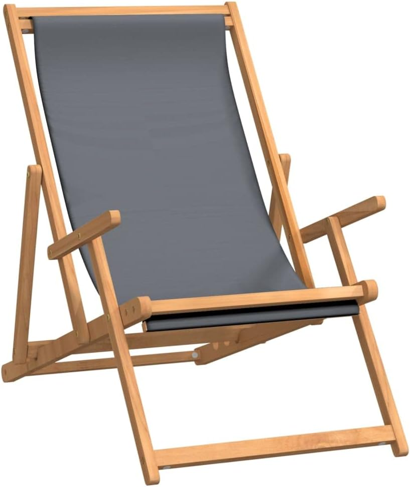 Vidaxl Folding Beach Chair in Grey, Solid Teak Hardwood, Ideal for Garden, Beach, Camping with Fabric Seat & Adjustable Backrest