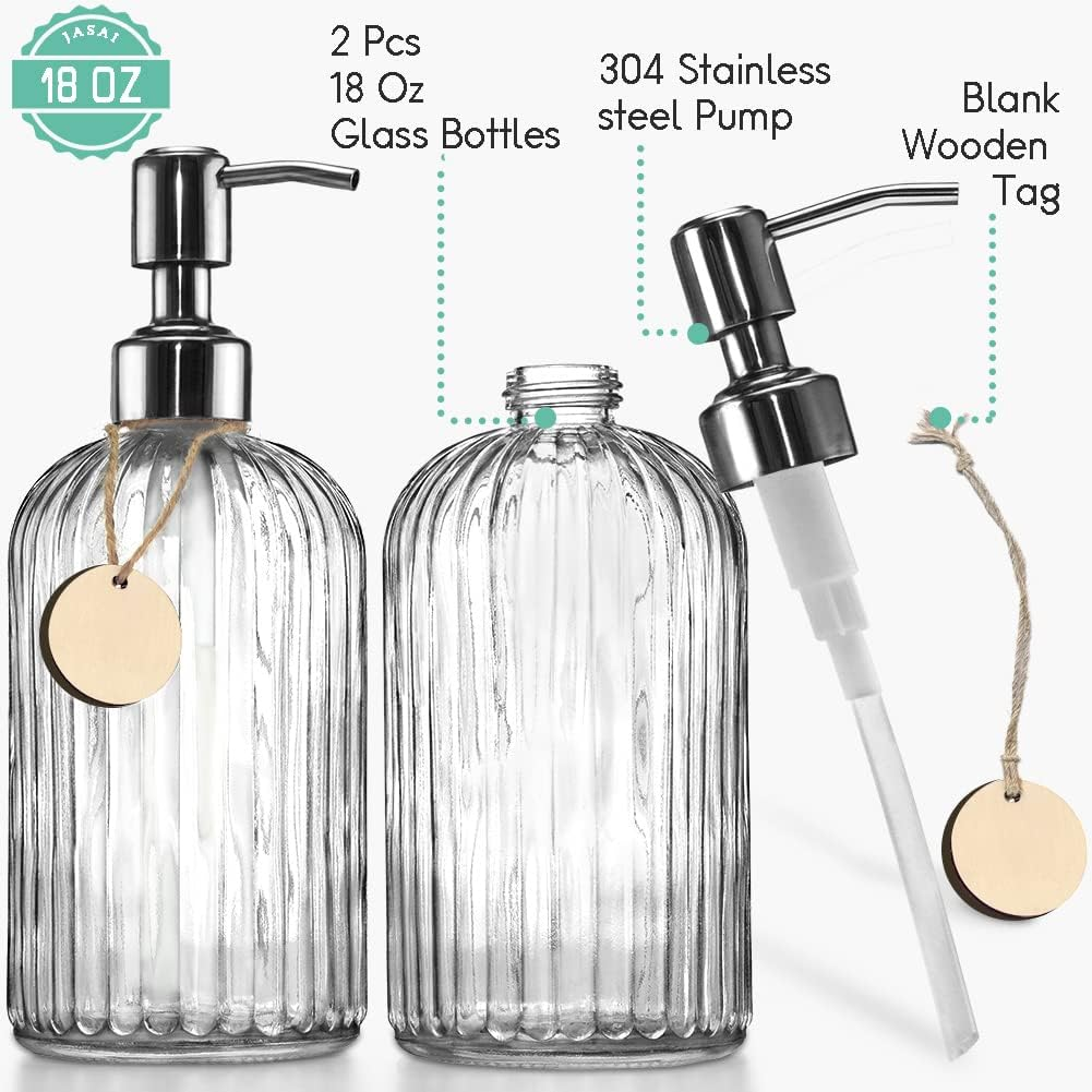 JASAI 2PACK 18 Oz Glass Soap Dispenser with Rust Proof Stainless Steel Pump, Refillable Hand Soap Dispenser with Vertical Stripe, Premium Bathroom Soap Dispenser for Kitchen & Bathroom image number 3
