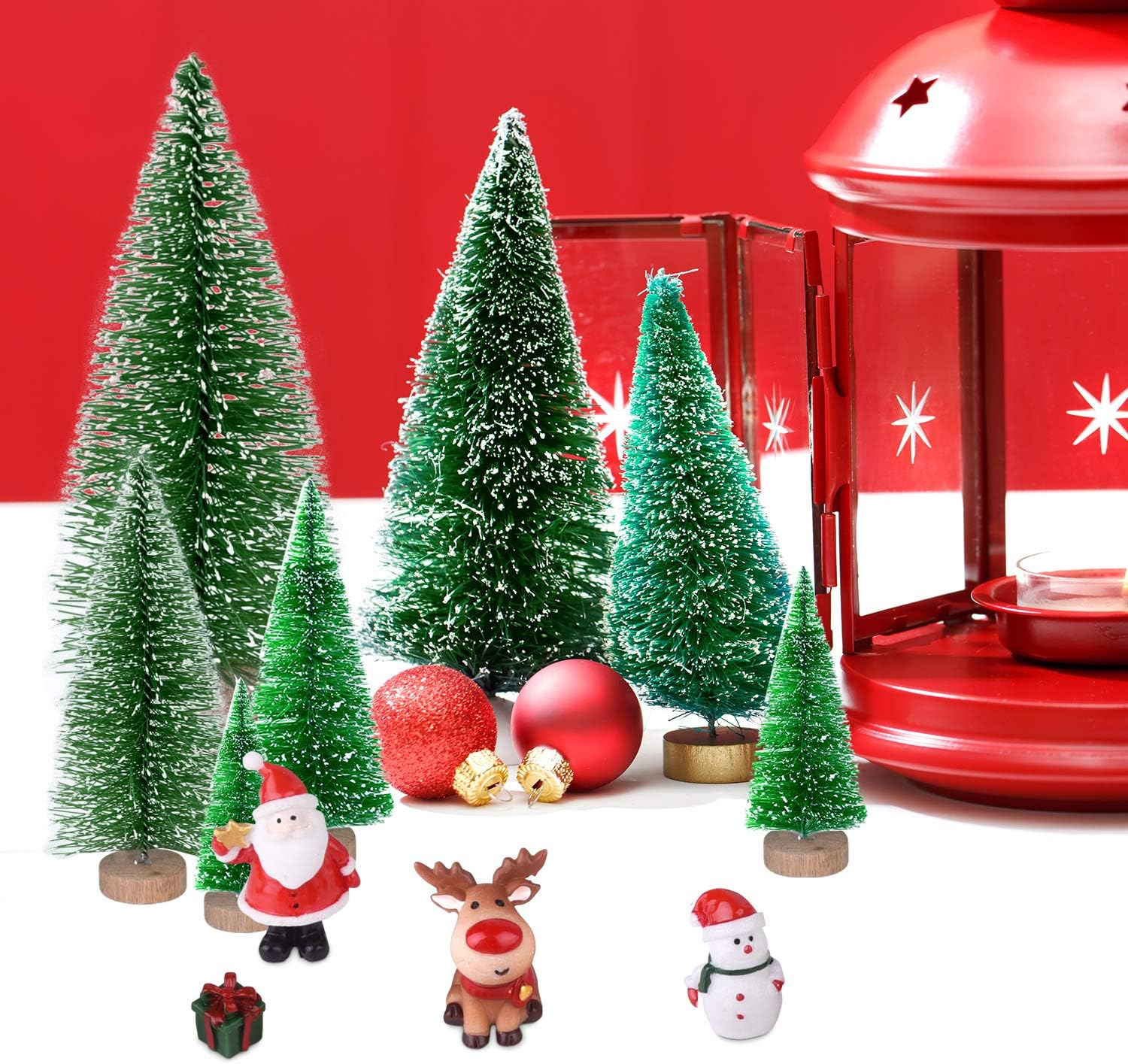 KUUQA 46Pcs Mini Christmas Village Trees Bottle Brush Trees Sisal Snow Forested Trees with Christmas Wreaths for Christmas House Decorations, Diorama Models image number 4